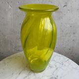 Lime Green Hand-Blown Uranium Glass Swirl Vase — 30 cm, Flared Rim, Art Glass