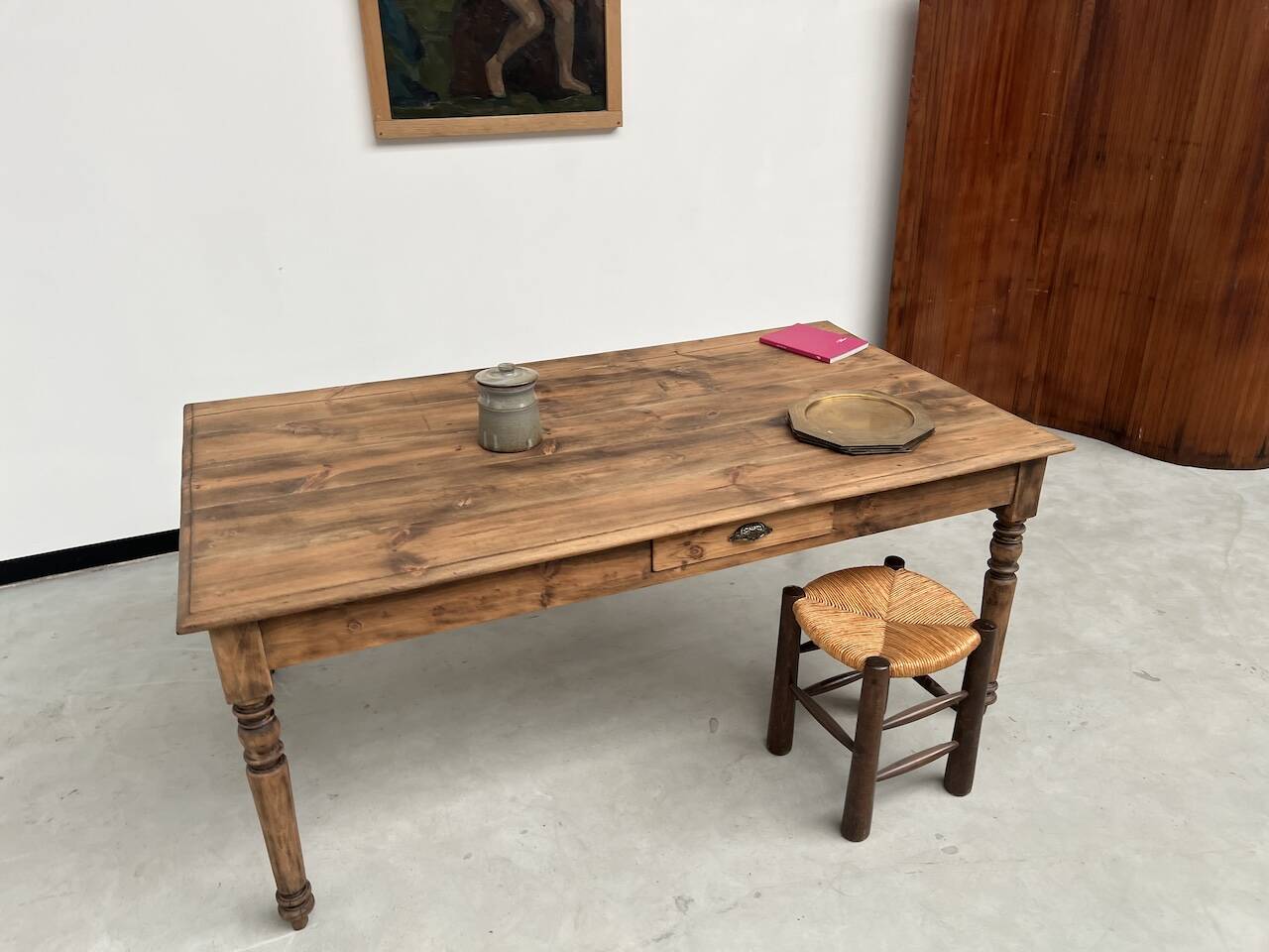 Antique farm table from the 1950s, with 3 drawers and turned legs