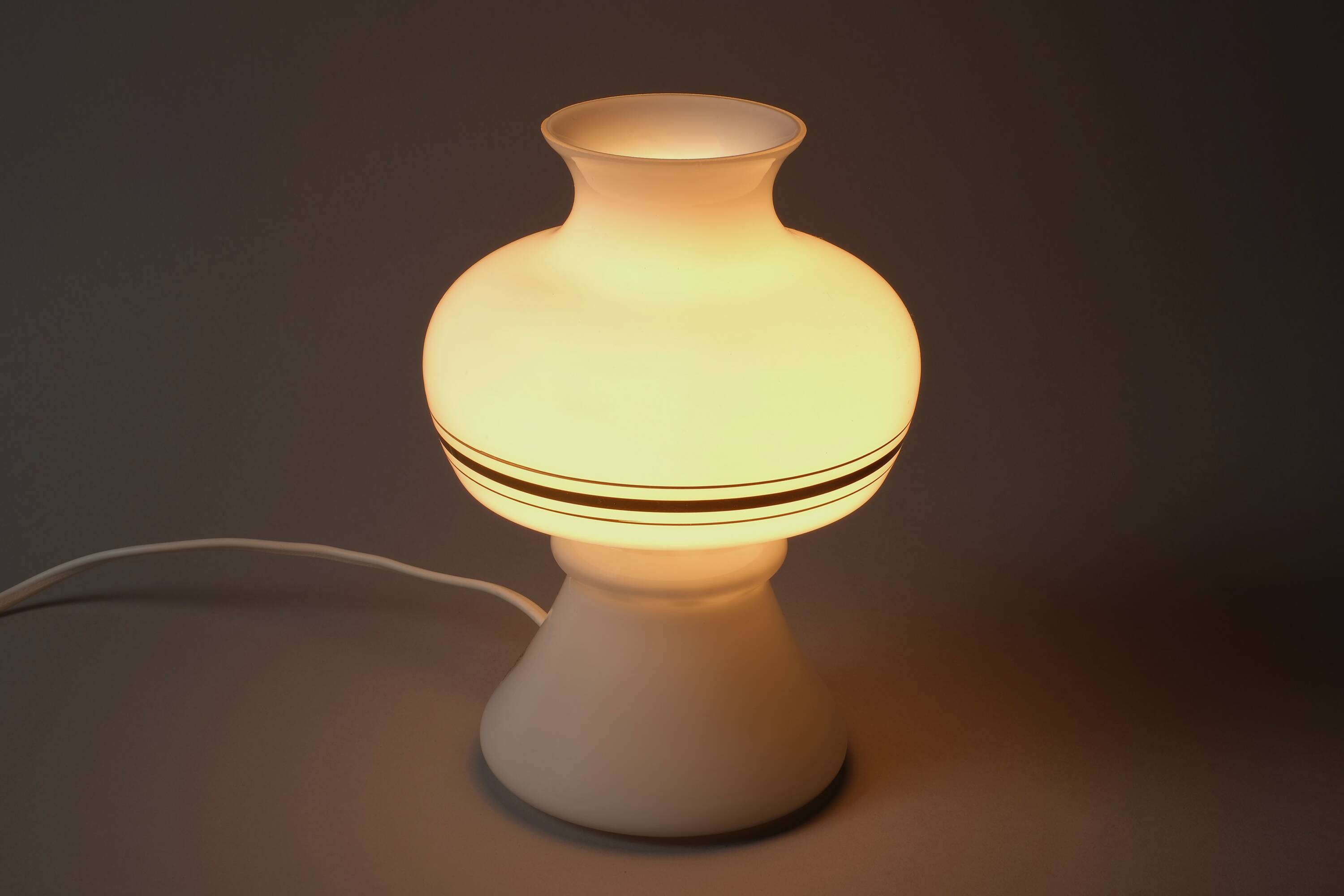 Flygsfors Orrefors White Opaline Glass Mushroom Lamp with Golden Bands, 70s