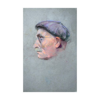 Tableau pastel "profil d'homme au beret" vers 1950