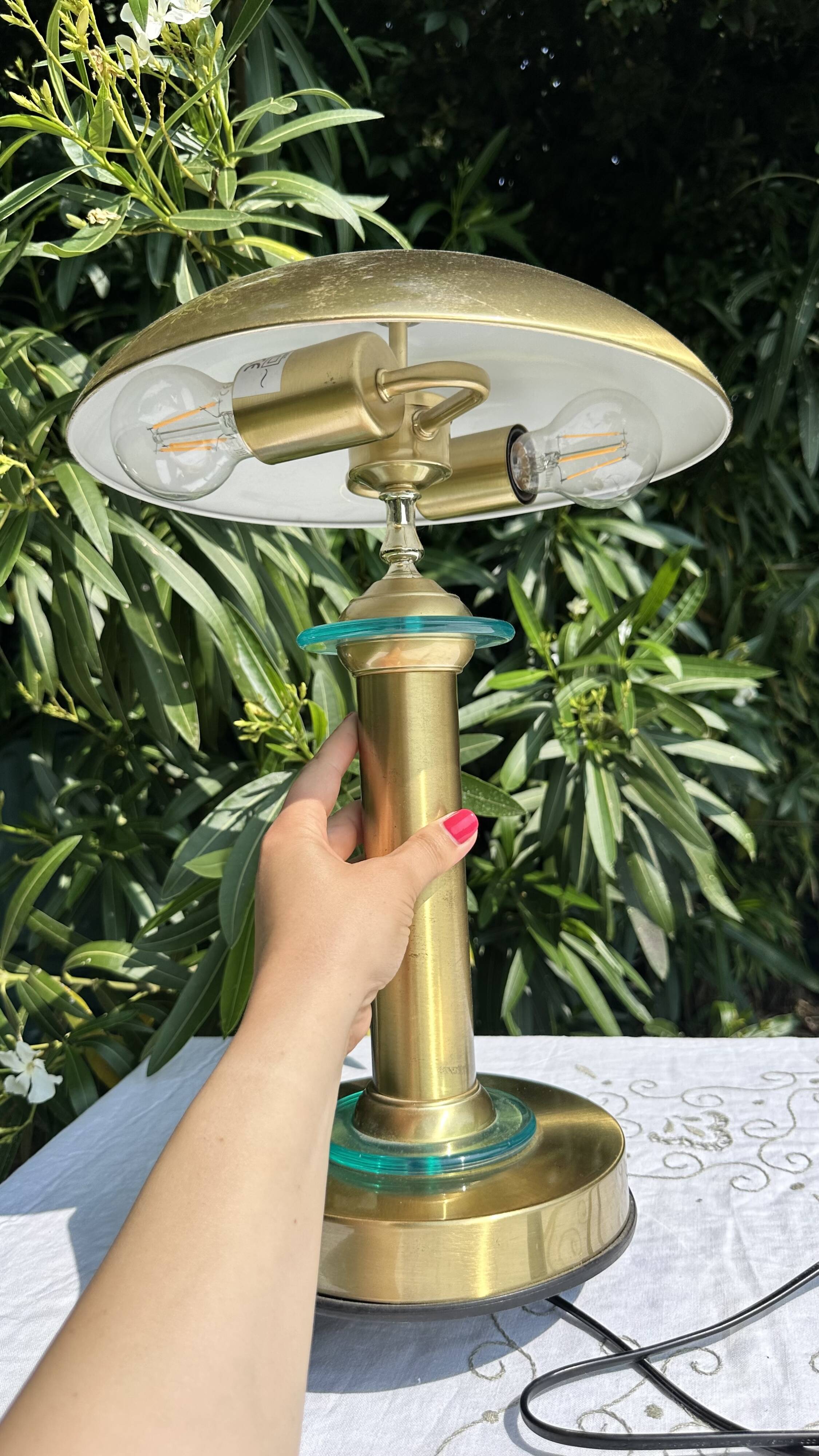 70s Large Vintage Mushroom Lamp - Glass & Gold Metal