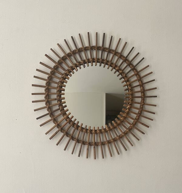 Miroir soleil rond en rotin, 1970