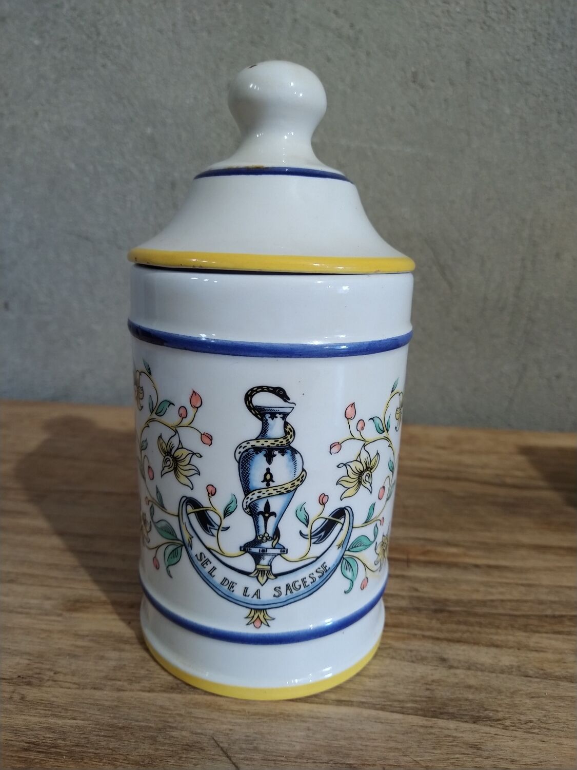 Vintage medicine jar ceramic salt of wisdom