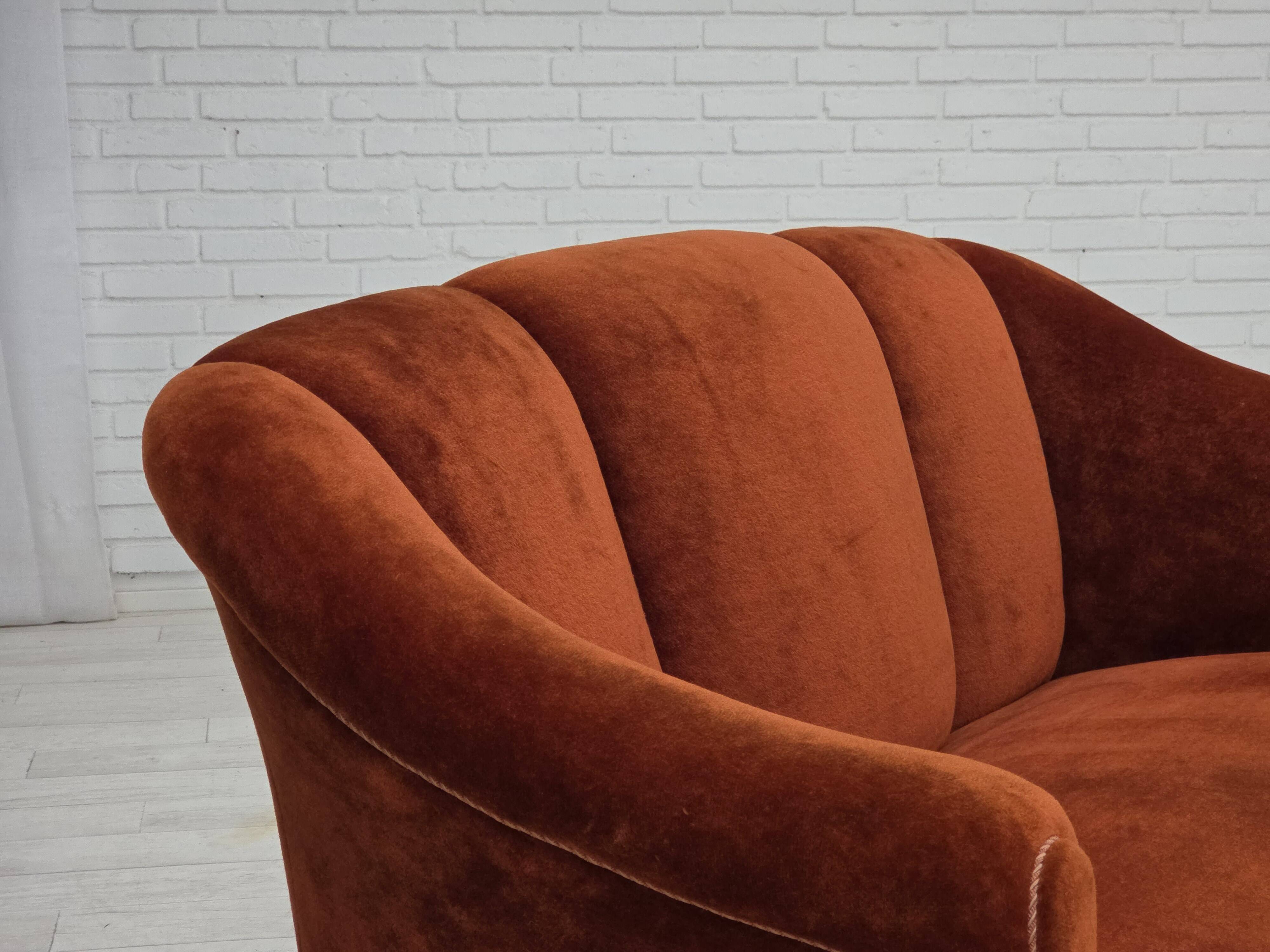 1950s, Danish 2-seater sofa, furniture velour, oak wood legs.