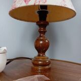 Table lamp with cream/pink toile de Jouy shade, turned wooden base 1960