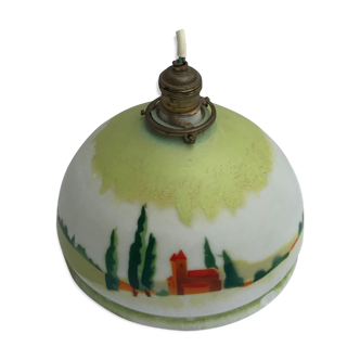 Suspension opaline blanc peinture vue eglise + douille laiton vintage