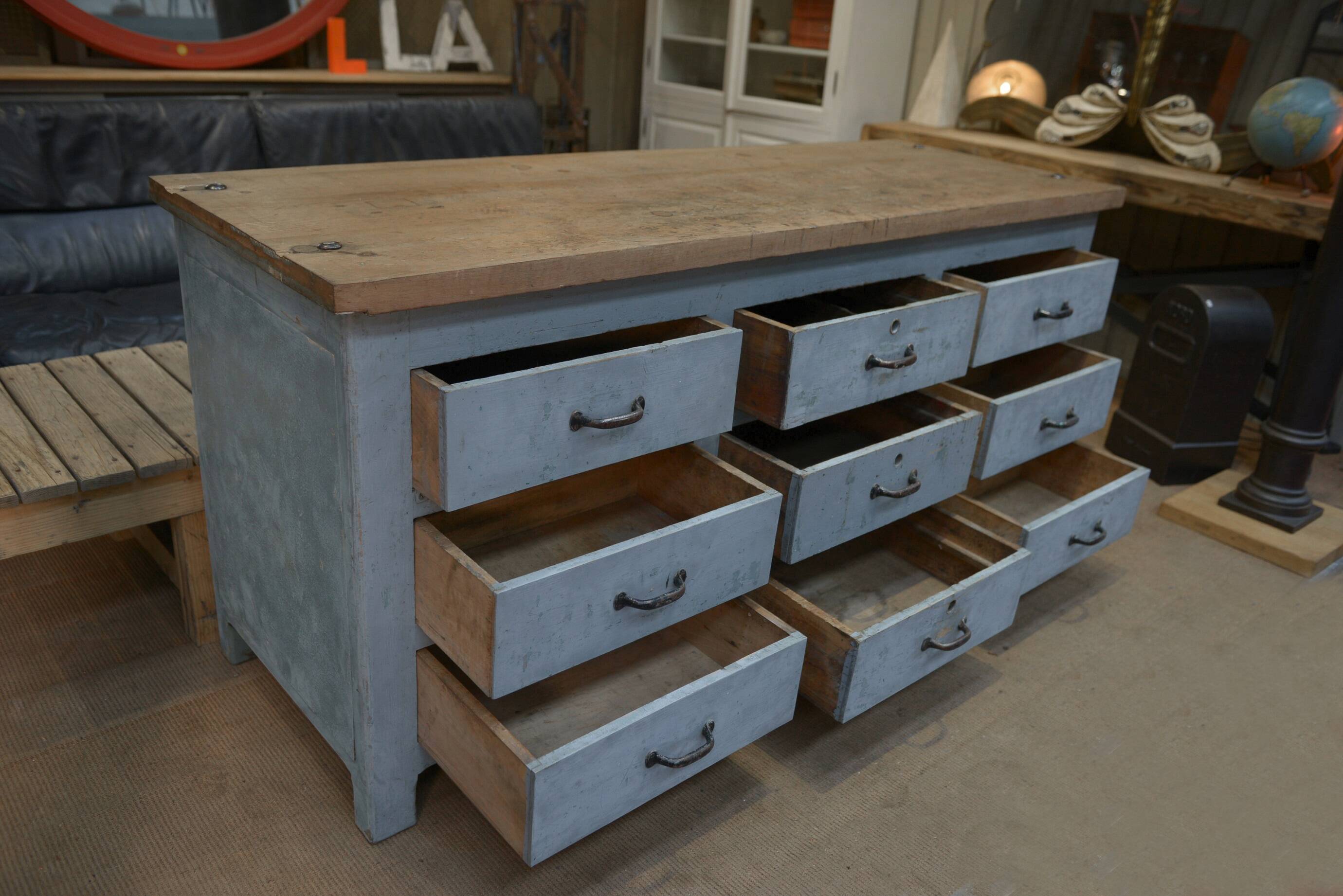 Original 1950s gray patinated 9-drawer craft cabinet