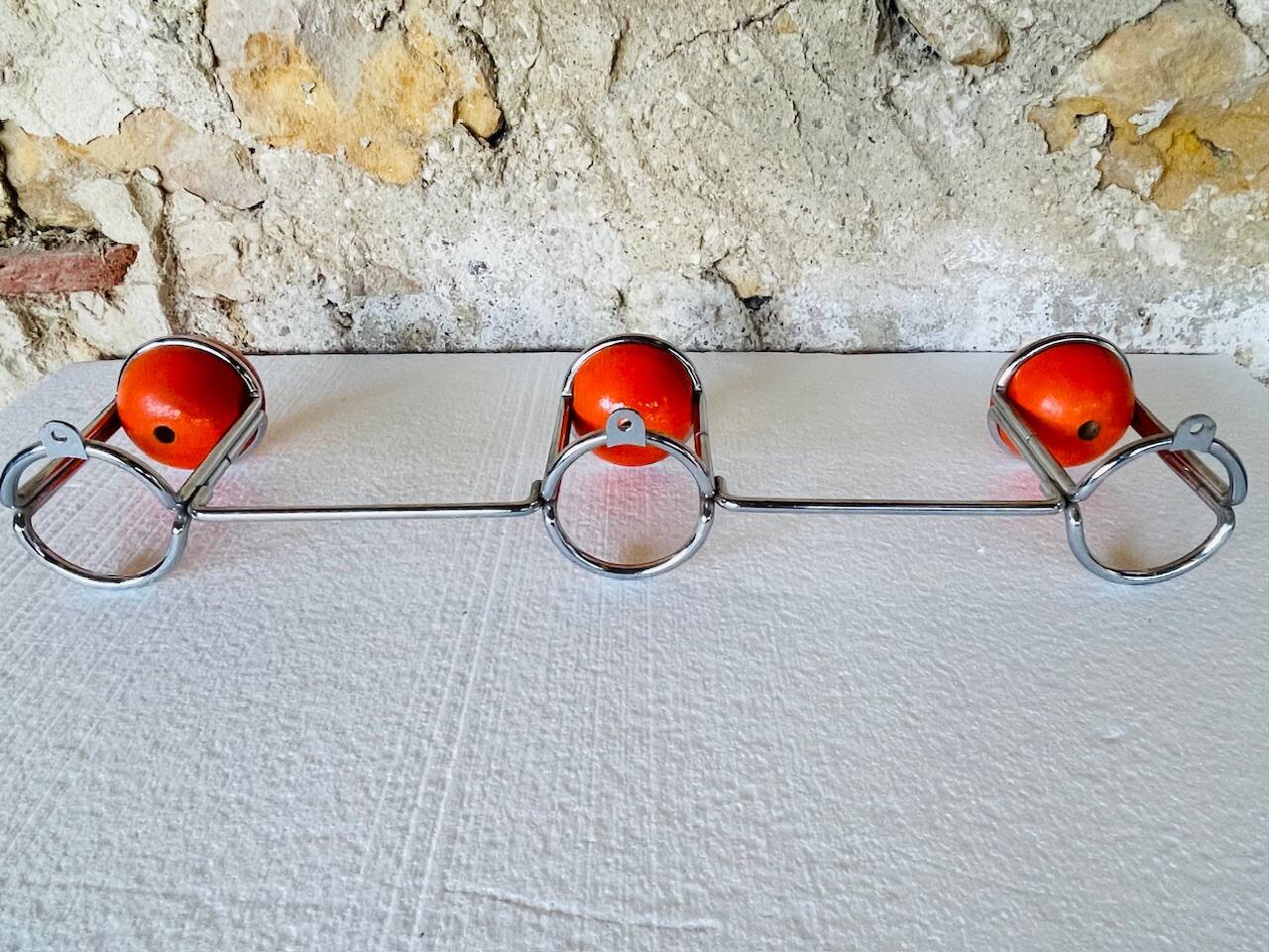 Space Age Chrome and Wood Wall Coat Rack 1970s