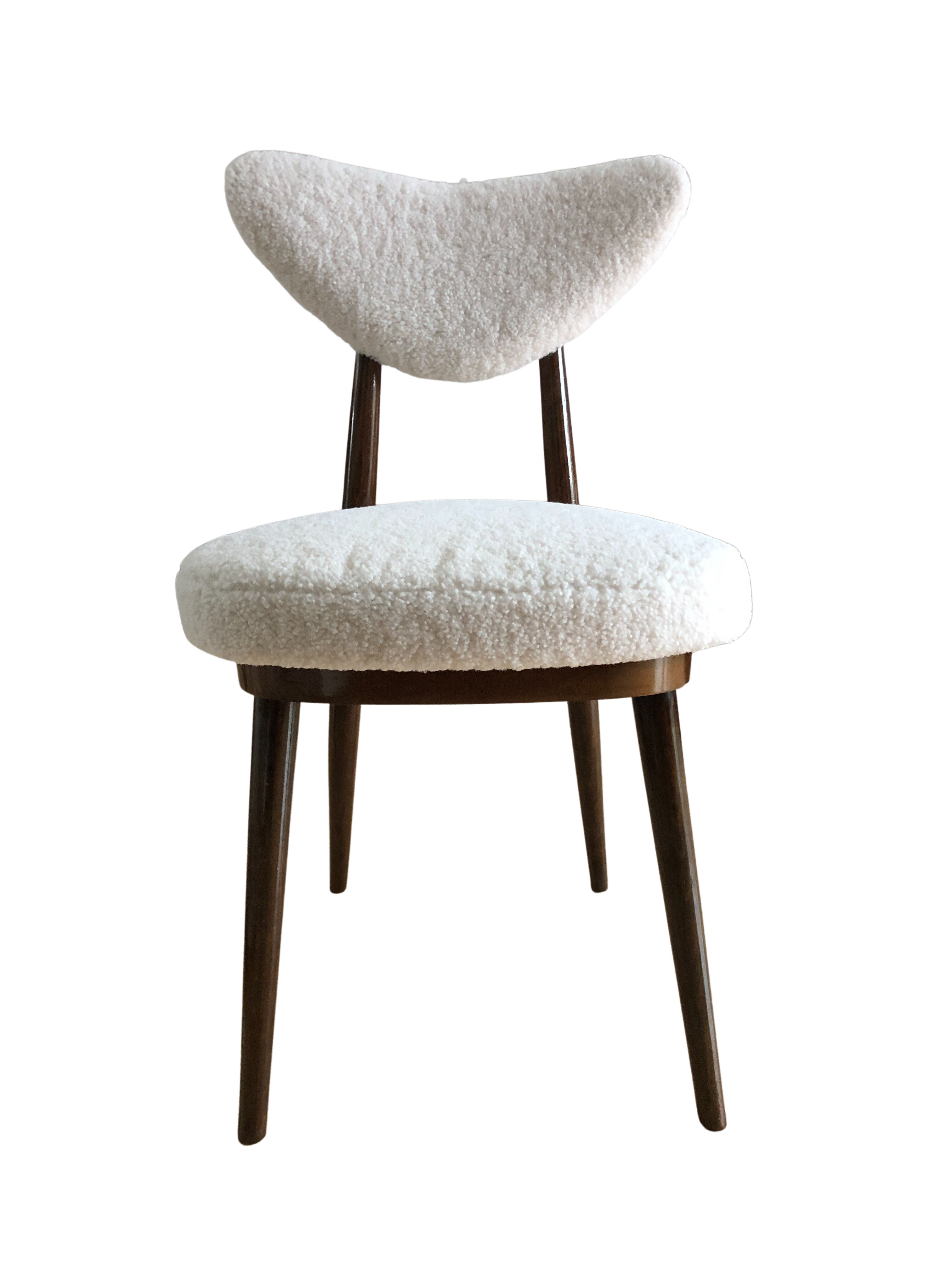 Midcentury White bouclé Heart Chairs, by Kurmanowicz, 1960s, Set of 6