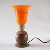 Orange glass ball lamp with wood