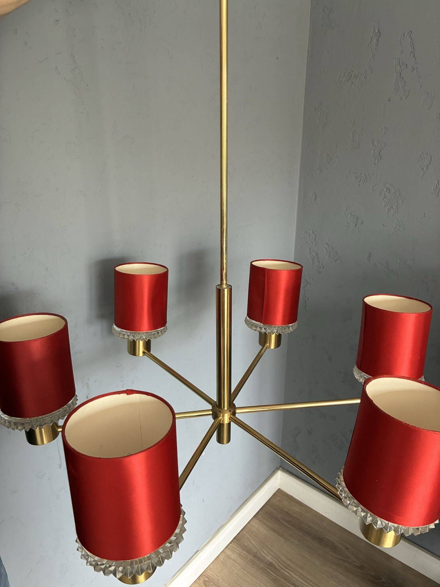 Kaiser Leuchten six-arm brass chandelier, red shades, crystal glass