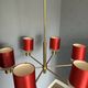 Kaiser Leuchten six-arm brass chandelier, red shades, crystal glass