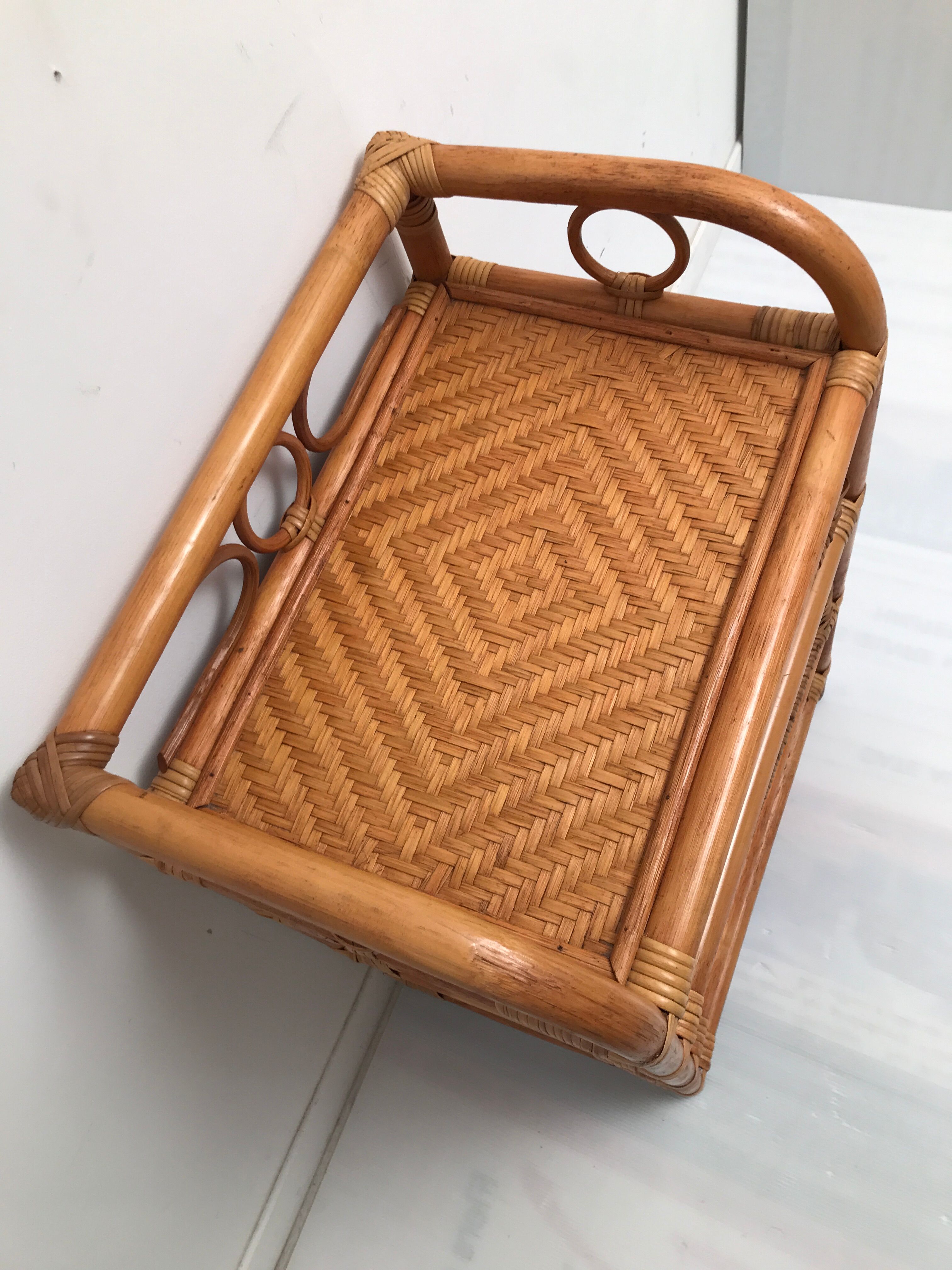 Rattan wicker storage cabinet with 3 vintage drawers