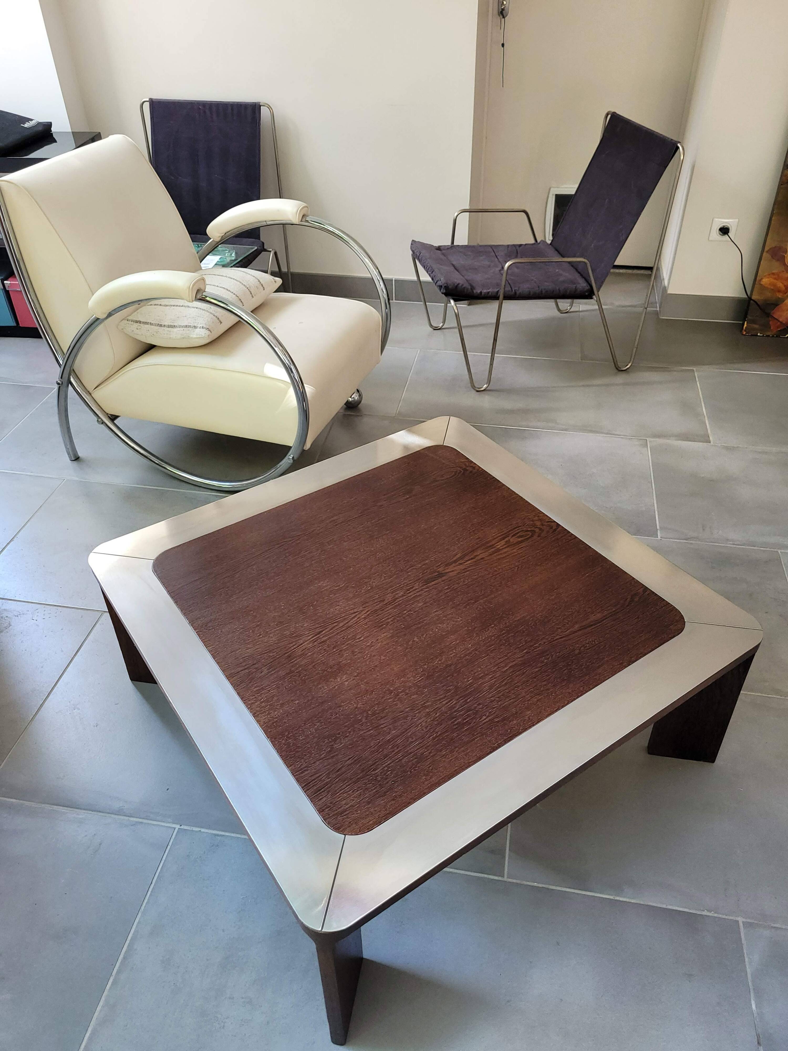 Square wood and steel coffee table from the 80s