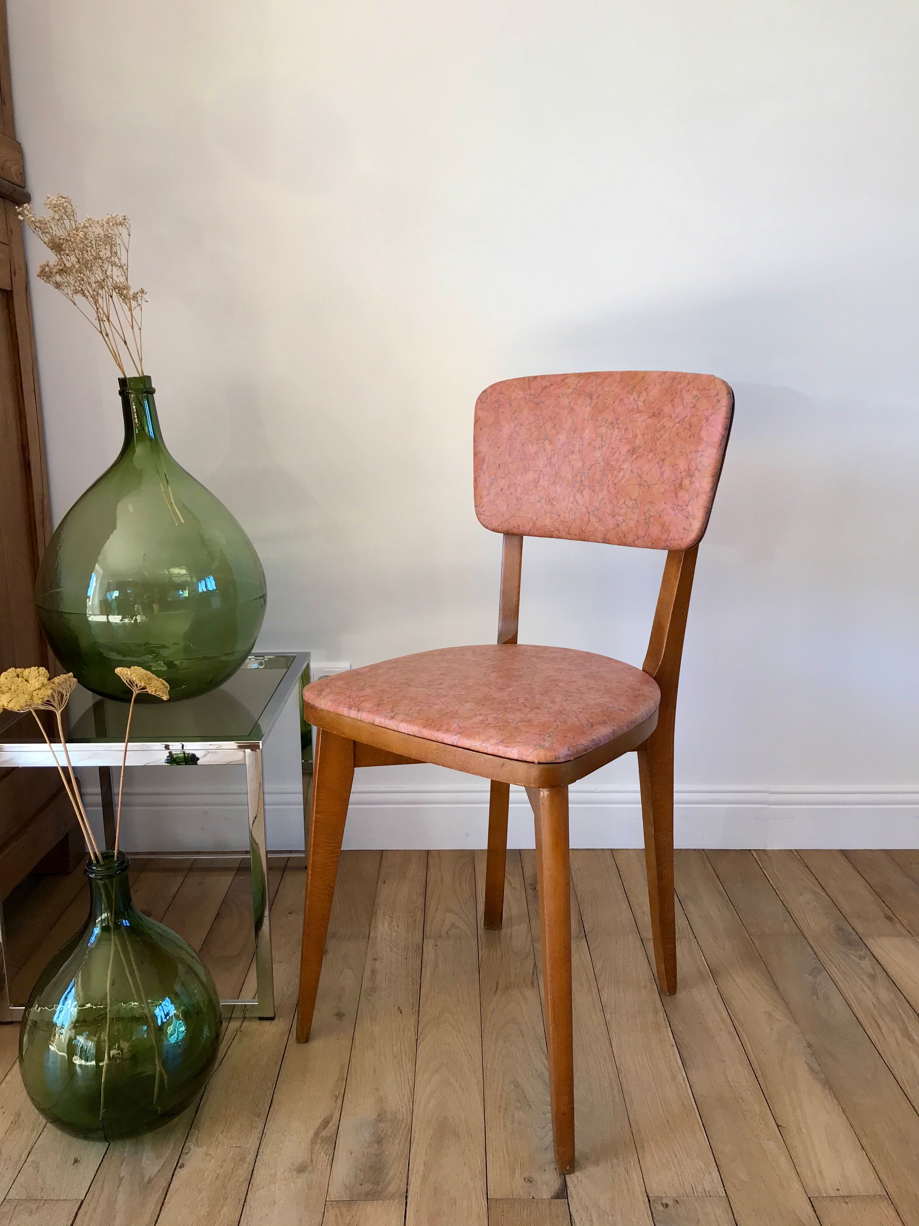 Set of 6 Scandinavian chairs in beech wood and pastel skaï 50s