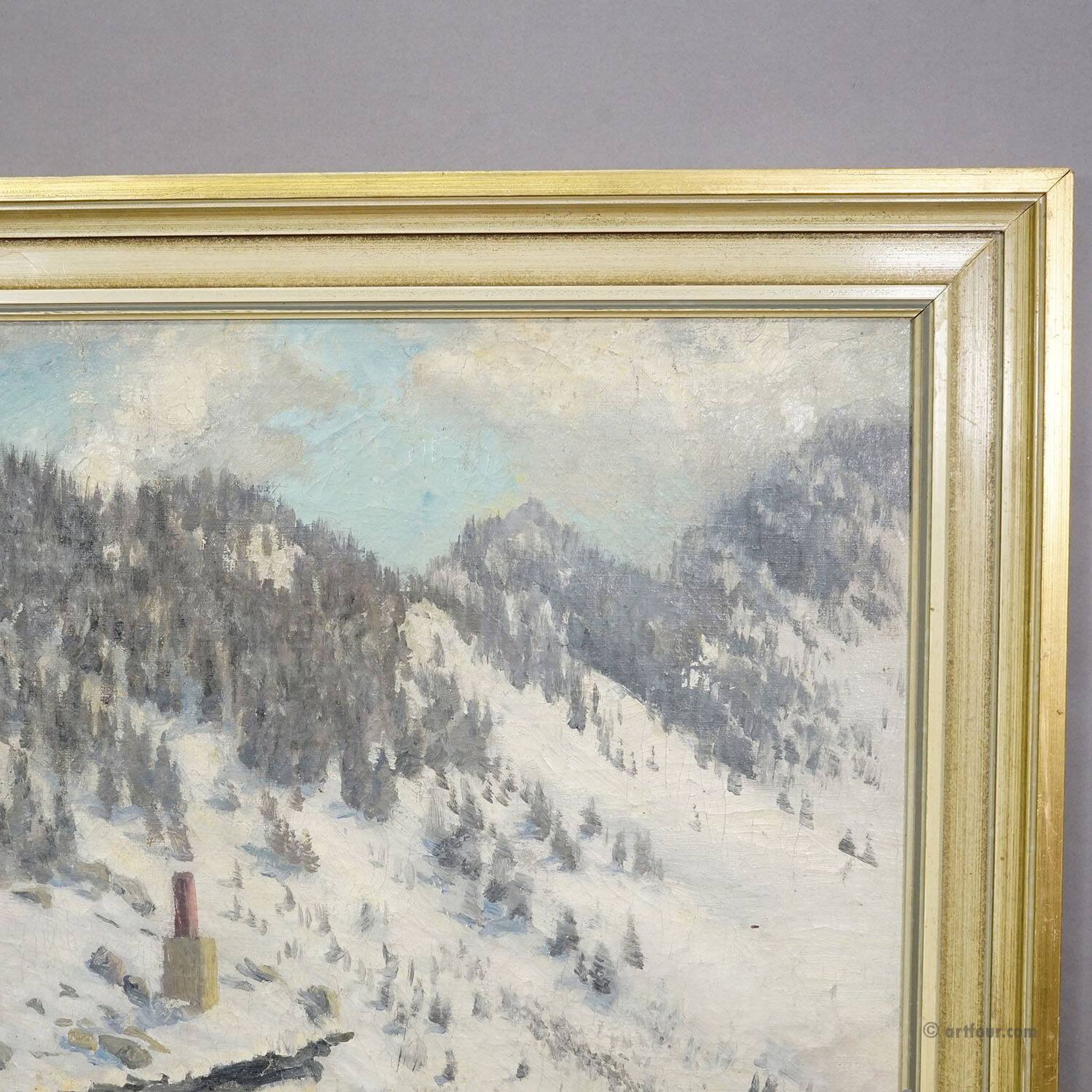 Peinture impressionniste d'une cabane alpine en hiver