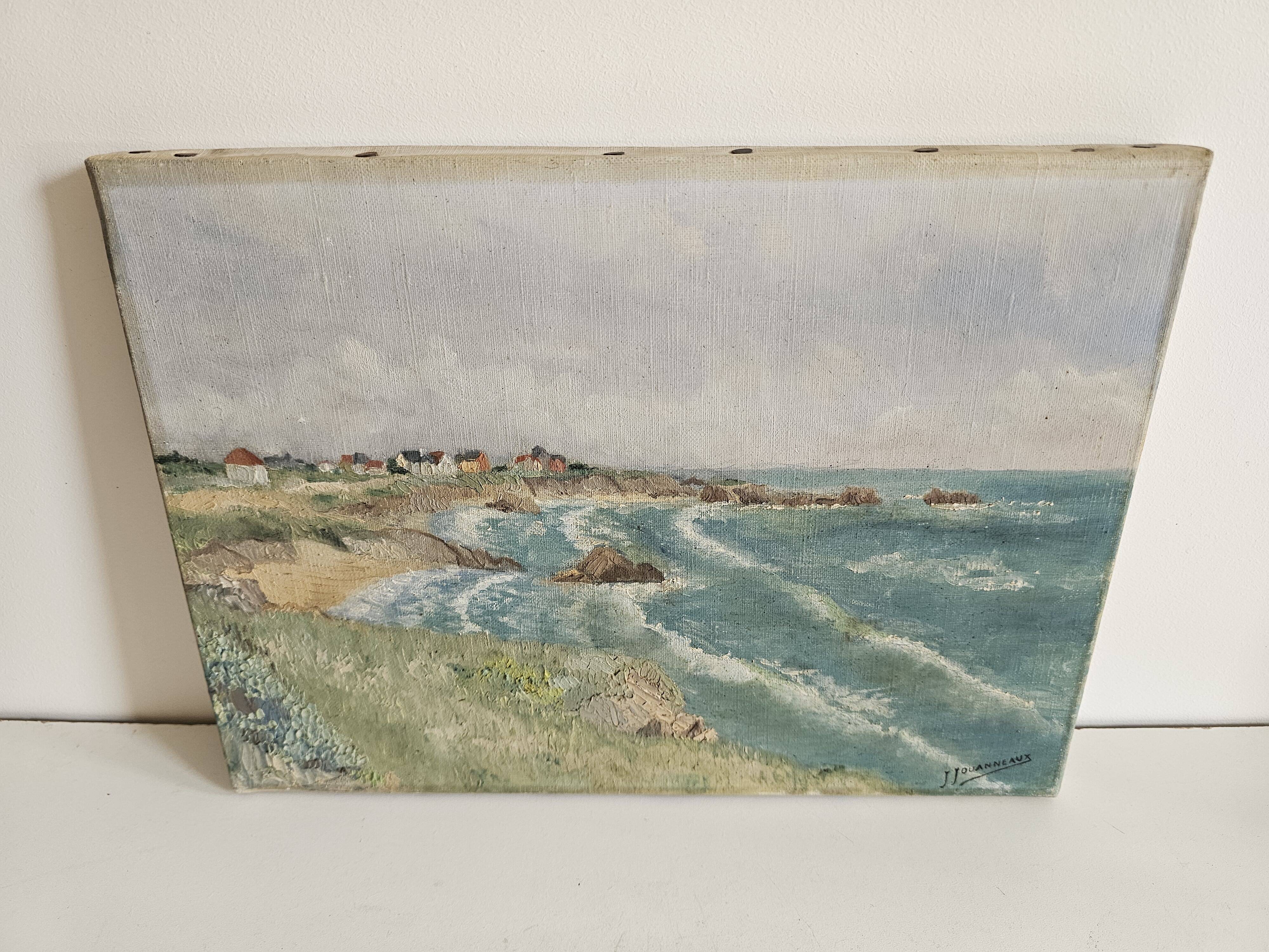 Tableau Oil on canvas - Atlantic coast landscape Cliffs signed Jouannea
