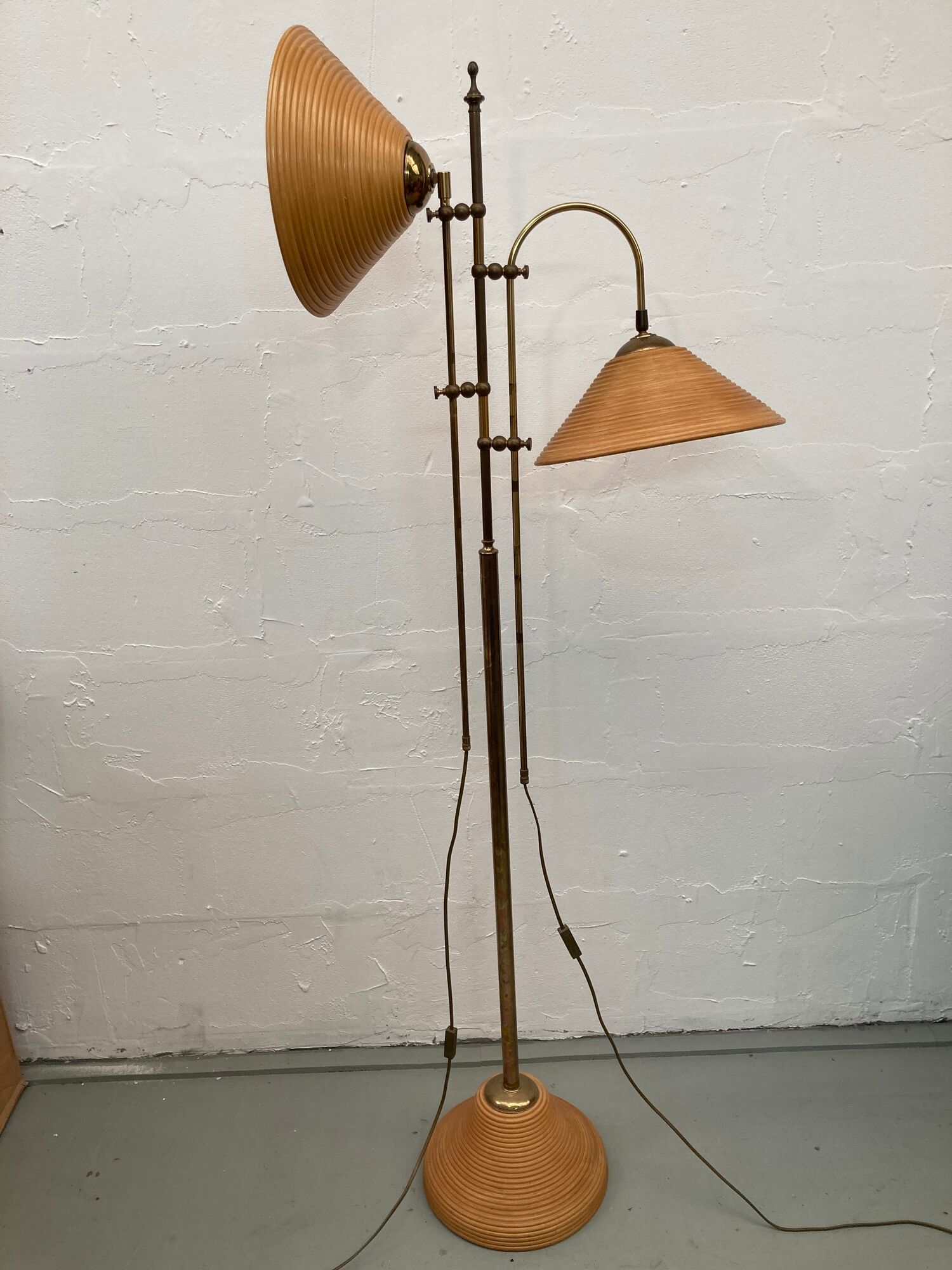 Bamboo rattan and brass pencil or split reed floor lamp, Italy 1980s
