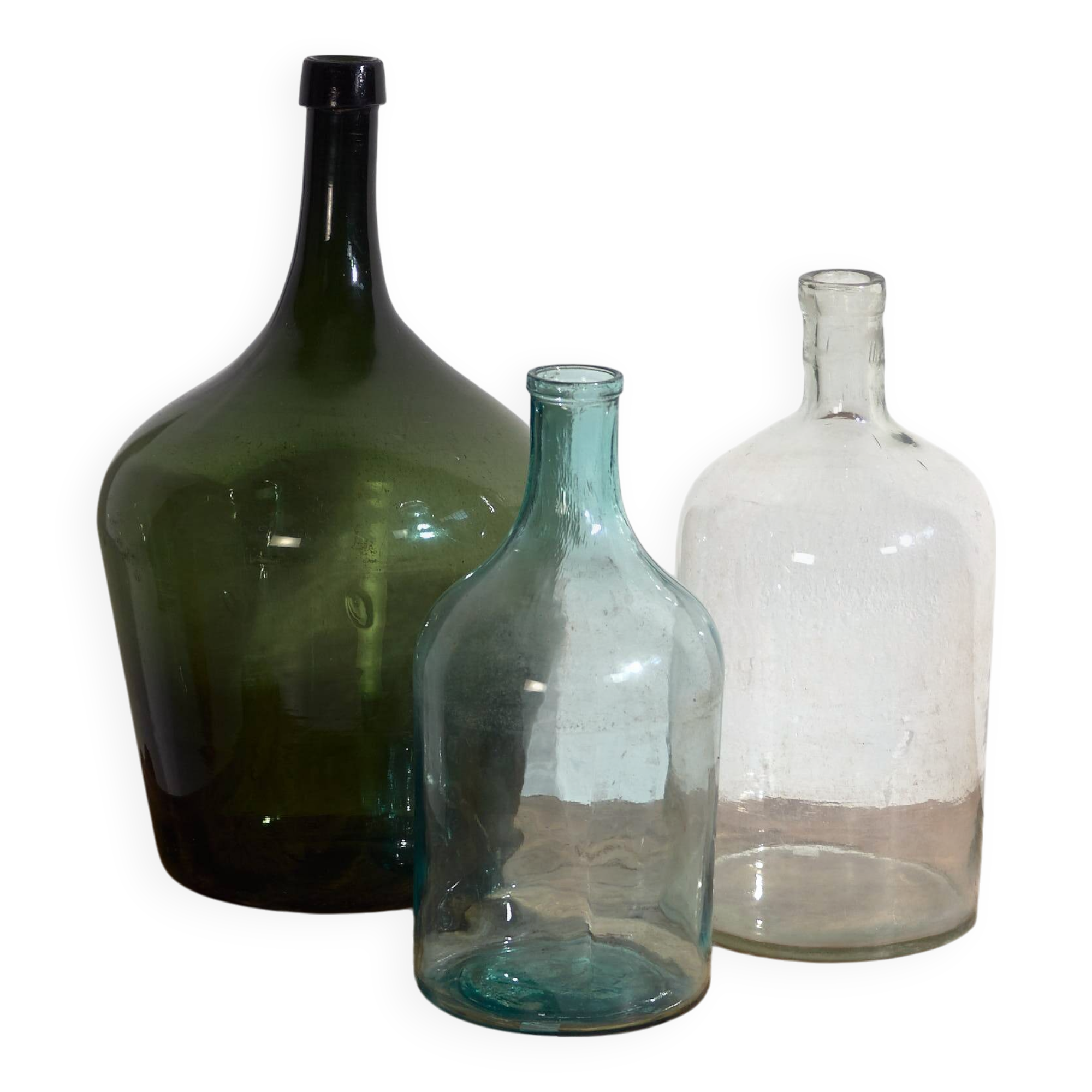 Antique colored damajuanas (circa 1920). Set of 3 pieces