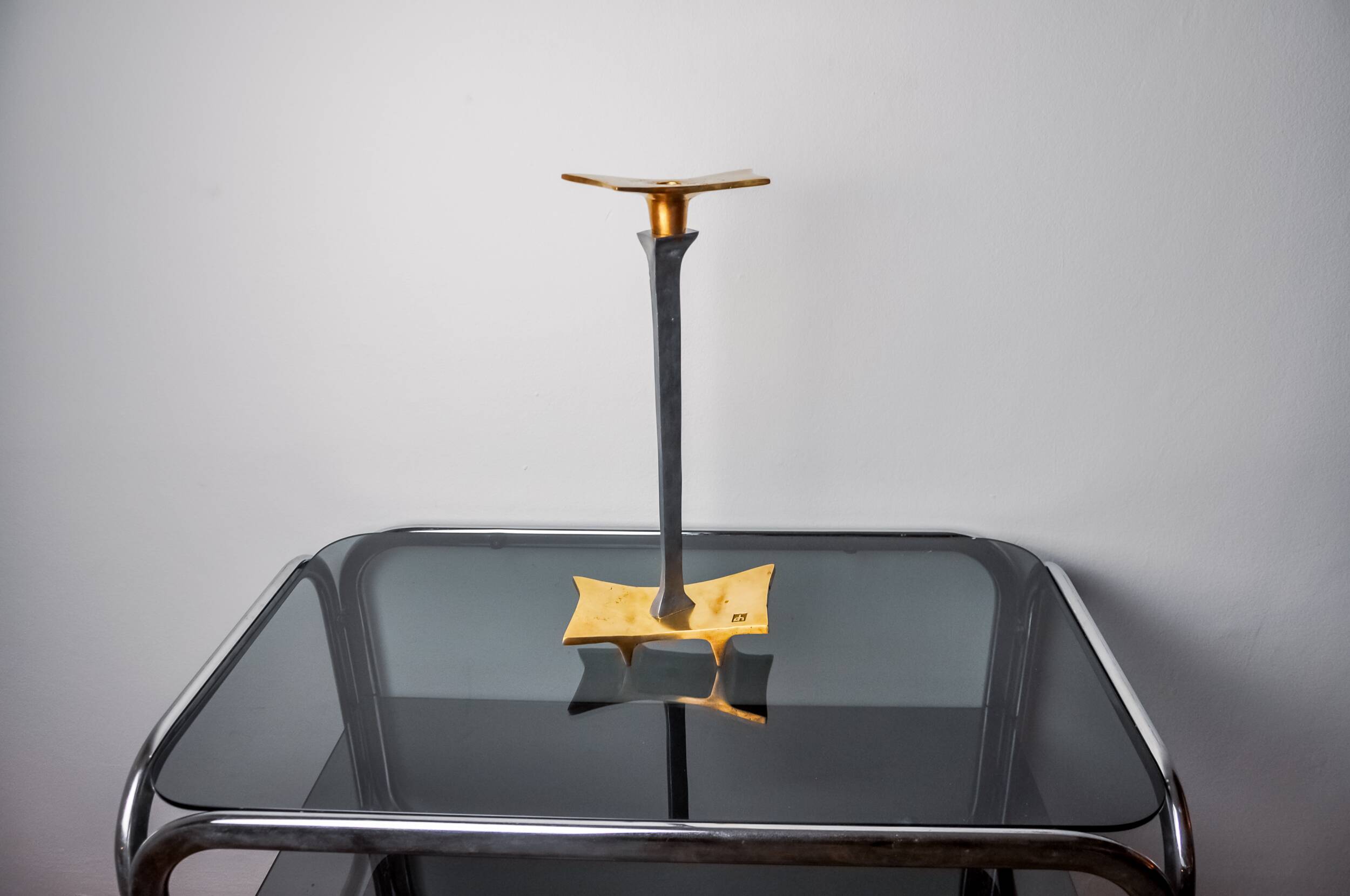Brutalist candlestick by David Marshall, bronze and aluminum, Spain, 1970