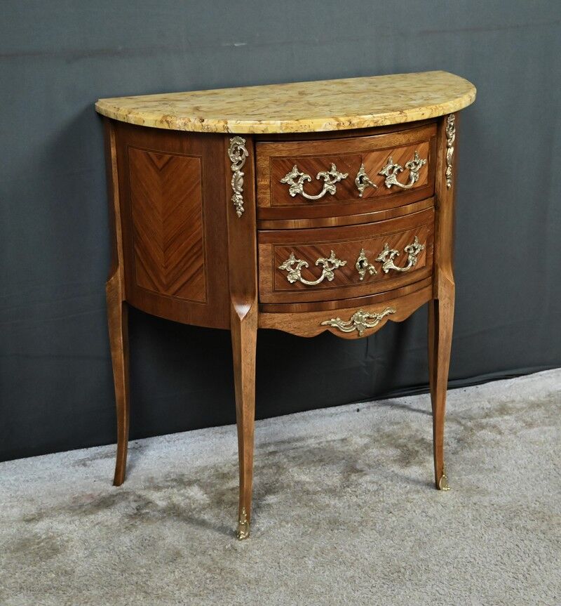 Small demi-lune jump commode in marquetry, transitional style between Louis XV and Louis XVI – early 20th century.