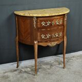 Small demi-lune jump commode in marquetry, transitional style between Louis XV and Louis XVI – early 20th century.