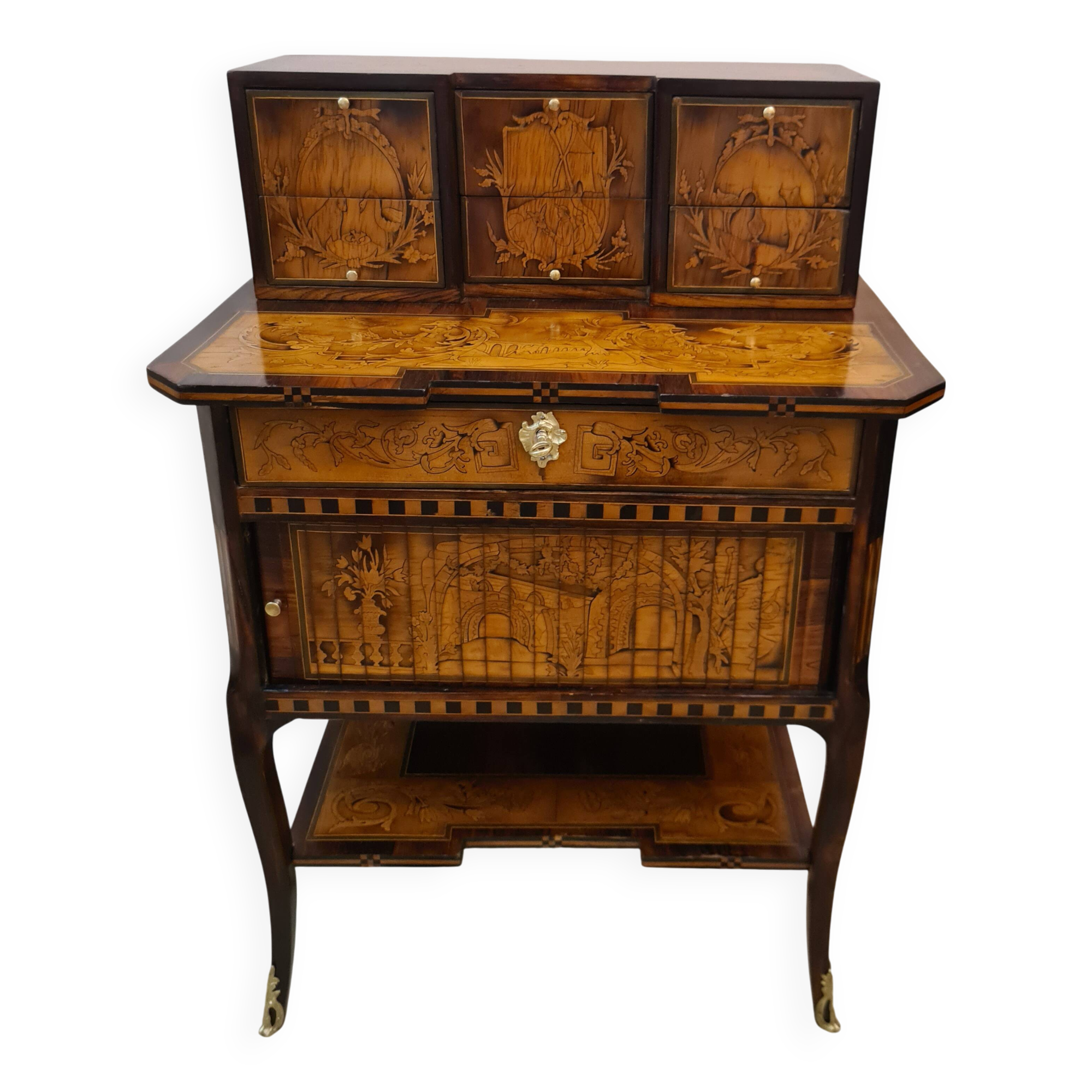 Marquetry stepped desk with La Fontaine's fables, 19th century.
