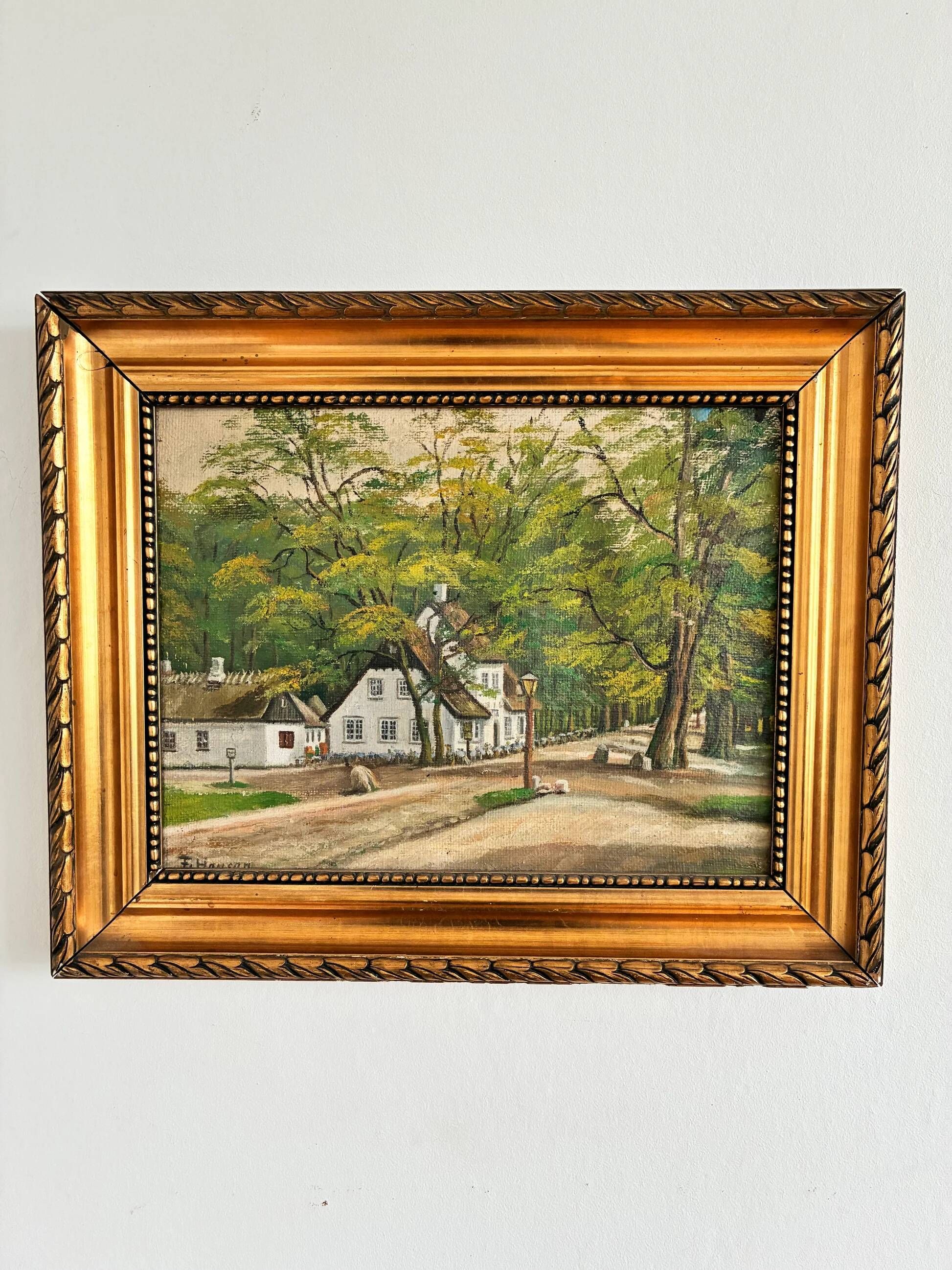 Vintage signed cottage landscape oil painting
