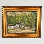 Peinture à l'huile de paysage de cottage vintage signée