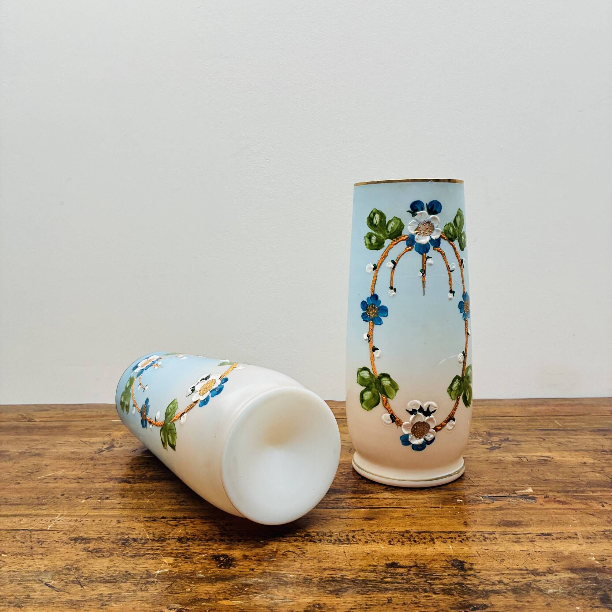 Rare pair of antique hand-painted opaline glass vases – Napoleon 3