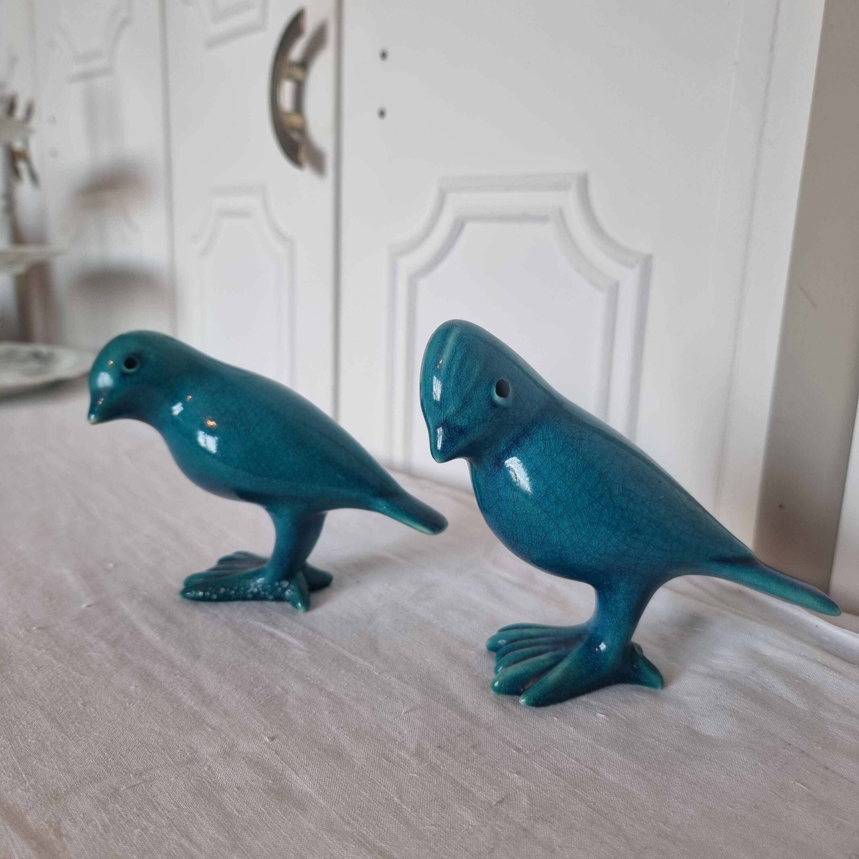 Pair of Art Deco Birds in Blue Porcelain from the 40s-50s signed