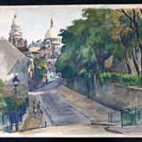 André Duculty (1912-1990) Watercolor on paper "Square du Sacré Coeur in Montmartre, Paris" Signed