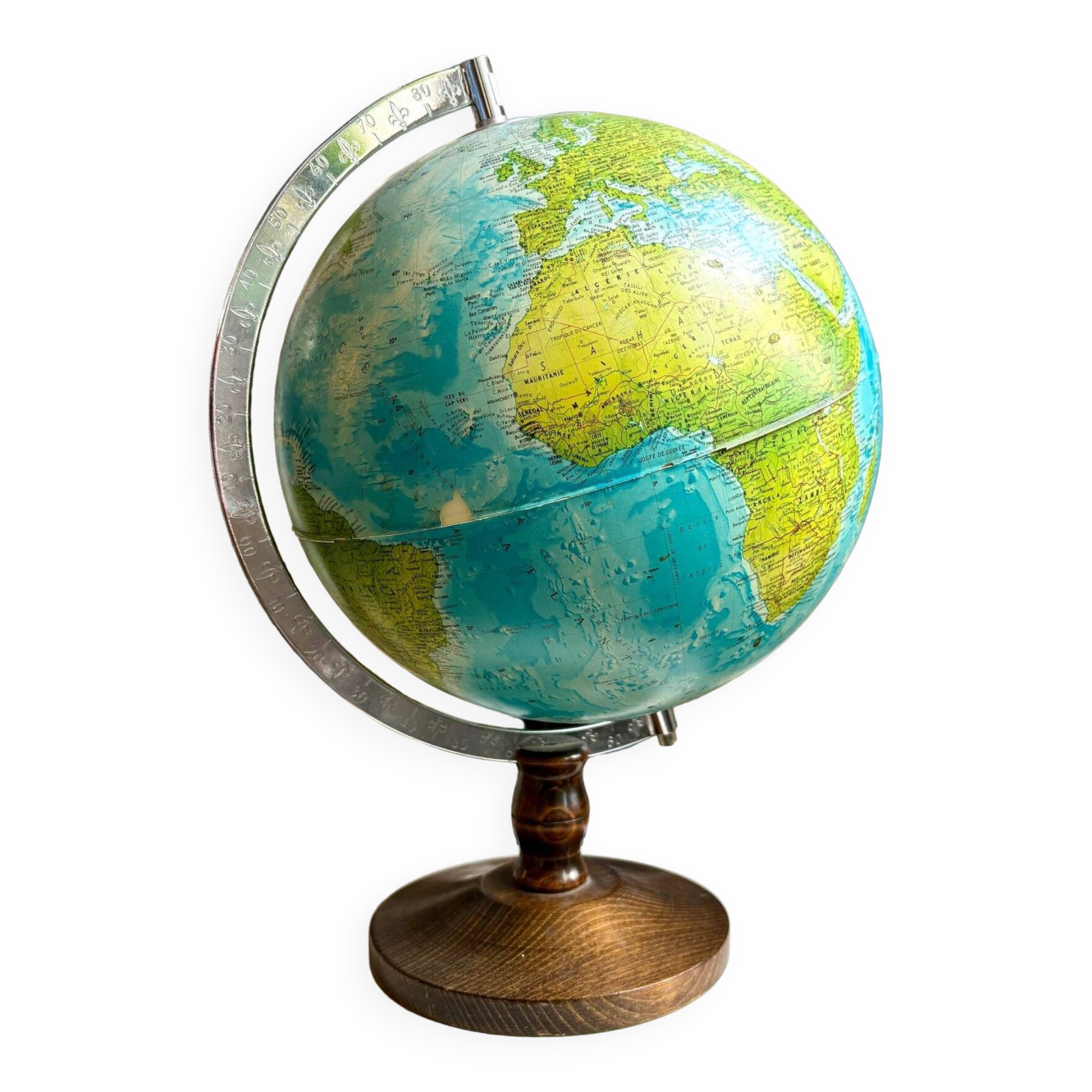 World map, globe with wooden base