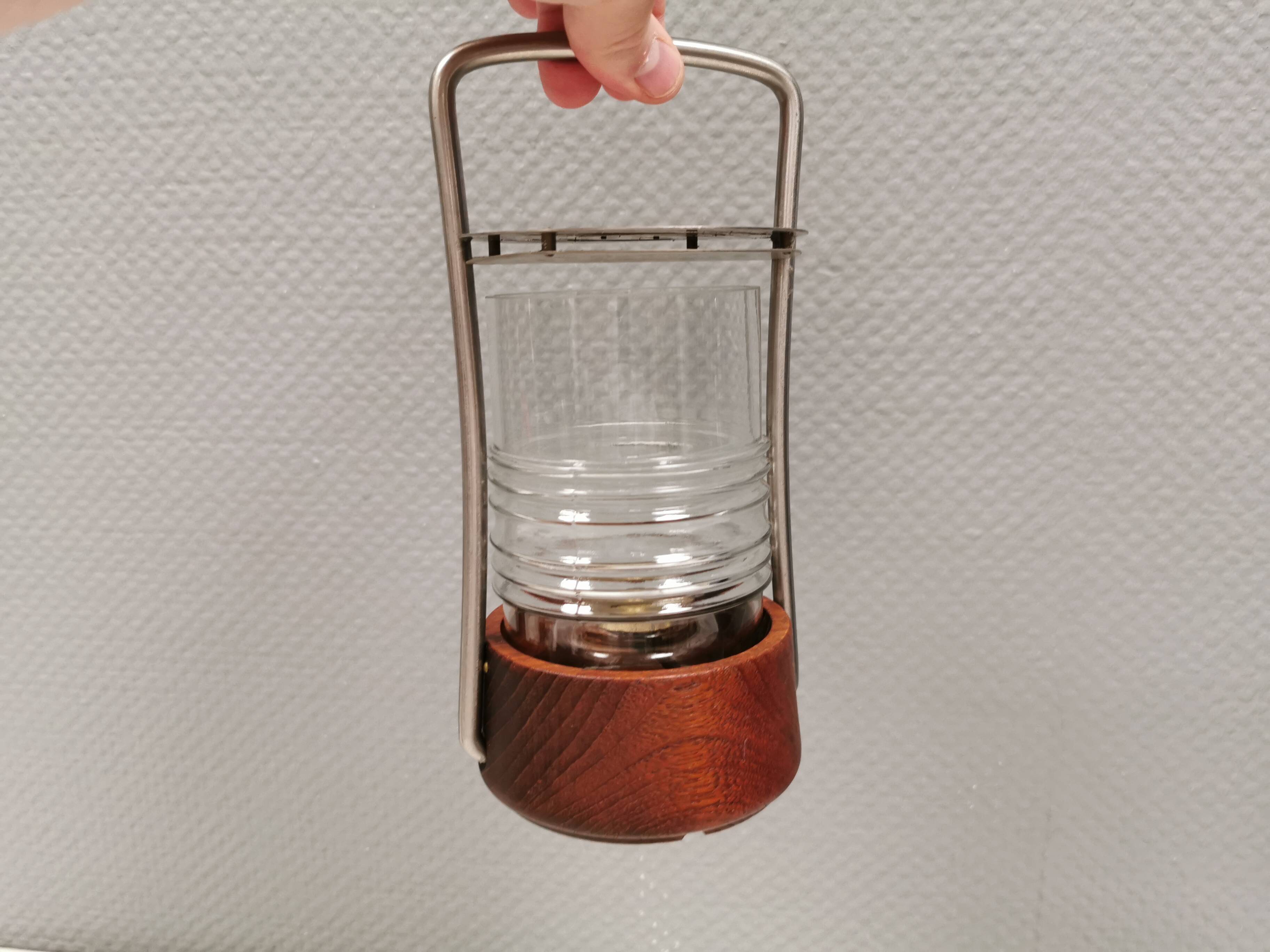 Très belle lampe à pétrole/lanterne Trip/Trap en teck, verre et acier inoxydable