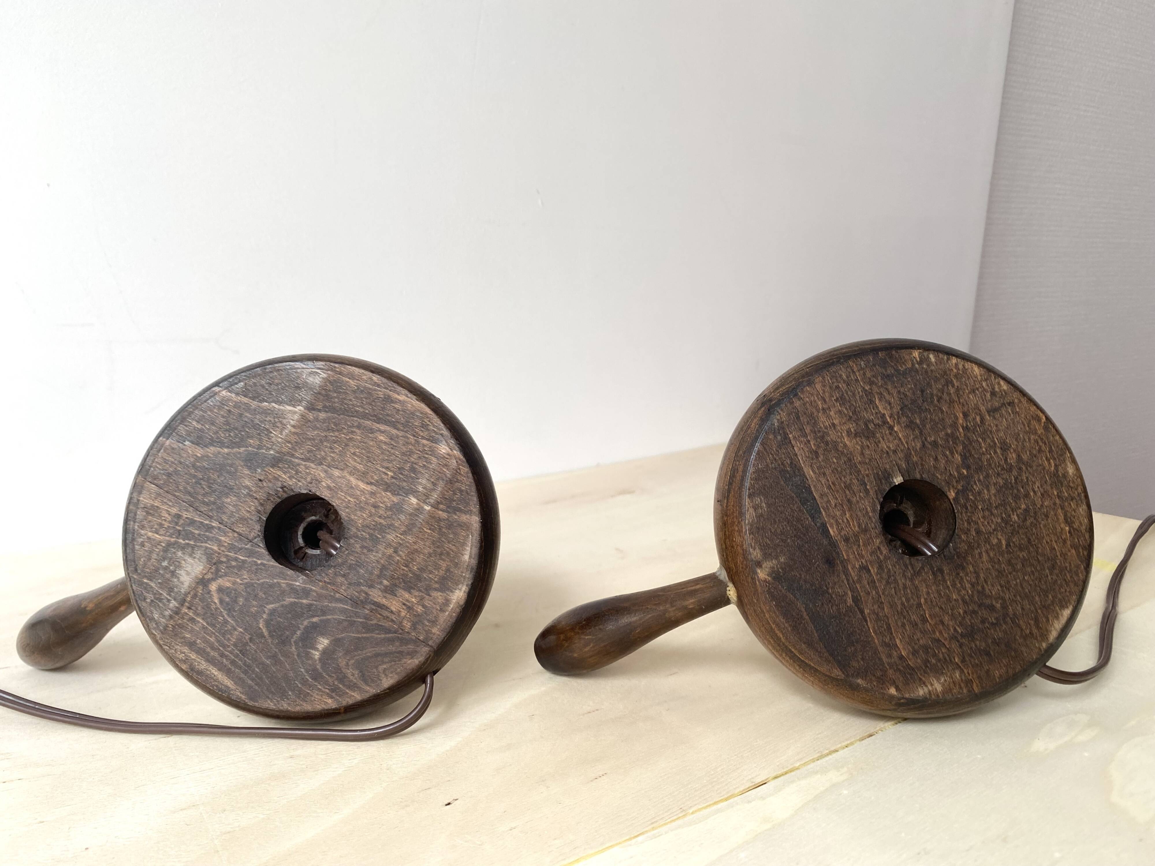 Pair of 50s turned wooden candlestick lamps, vintage lighting fixtures, rustic lamp bases