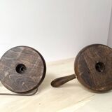 Pair of 50s turned wooden candlestick lamps, vintage lighting fixtures, rustic lamp bases