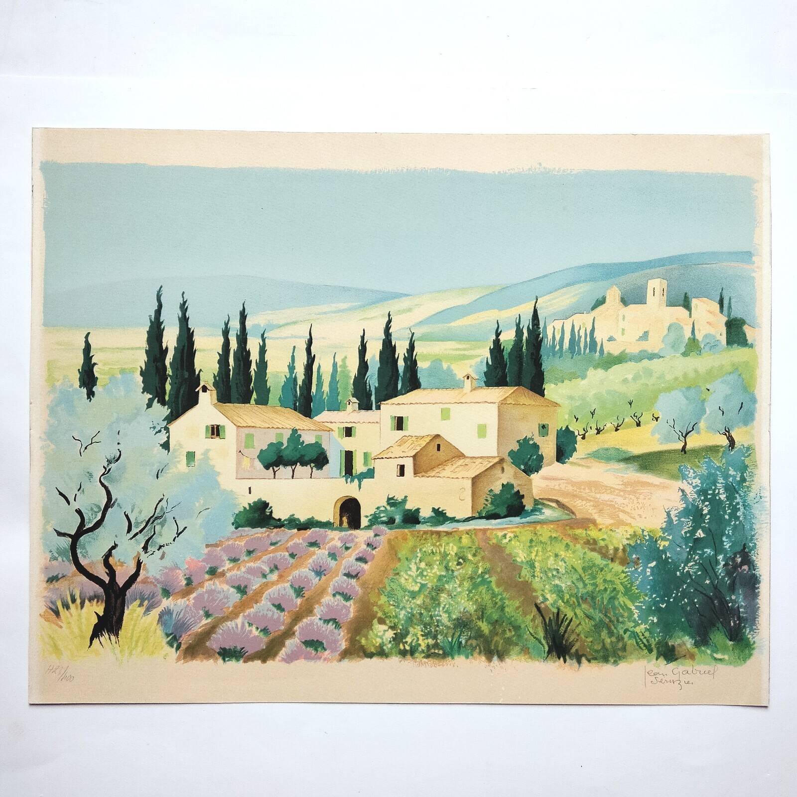 Provençal landscape lithograph signed by Jean Gabriel Séruzier.