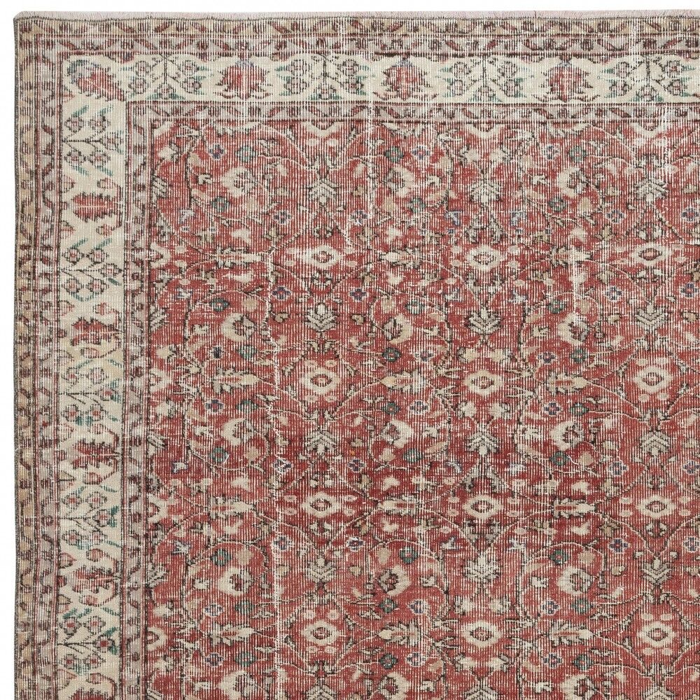 Vintage Handmade Turkish Red Wool Area Rug with Floral Design for Home and Office Decor