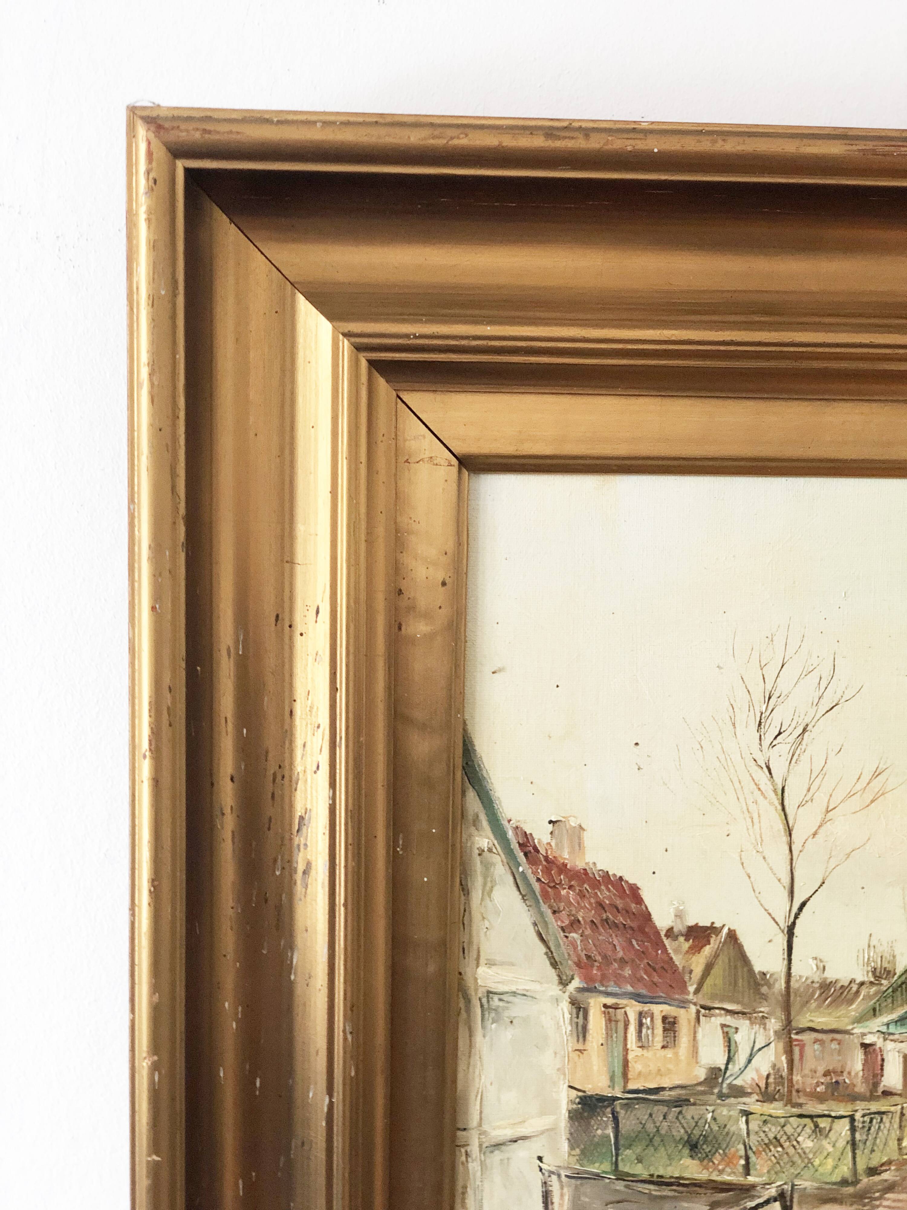 Vintage European Village Original Oil Painting with Cottages, circa 1940