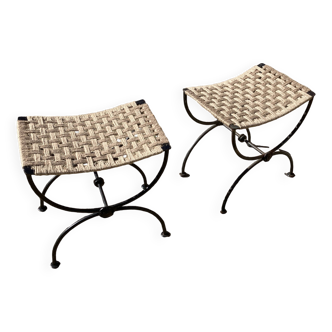 Pair of curule stools In wrought iron. Woven seat