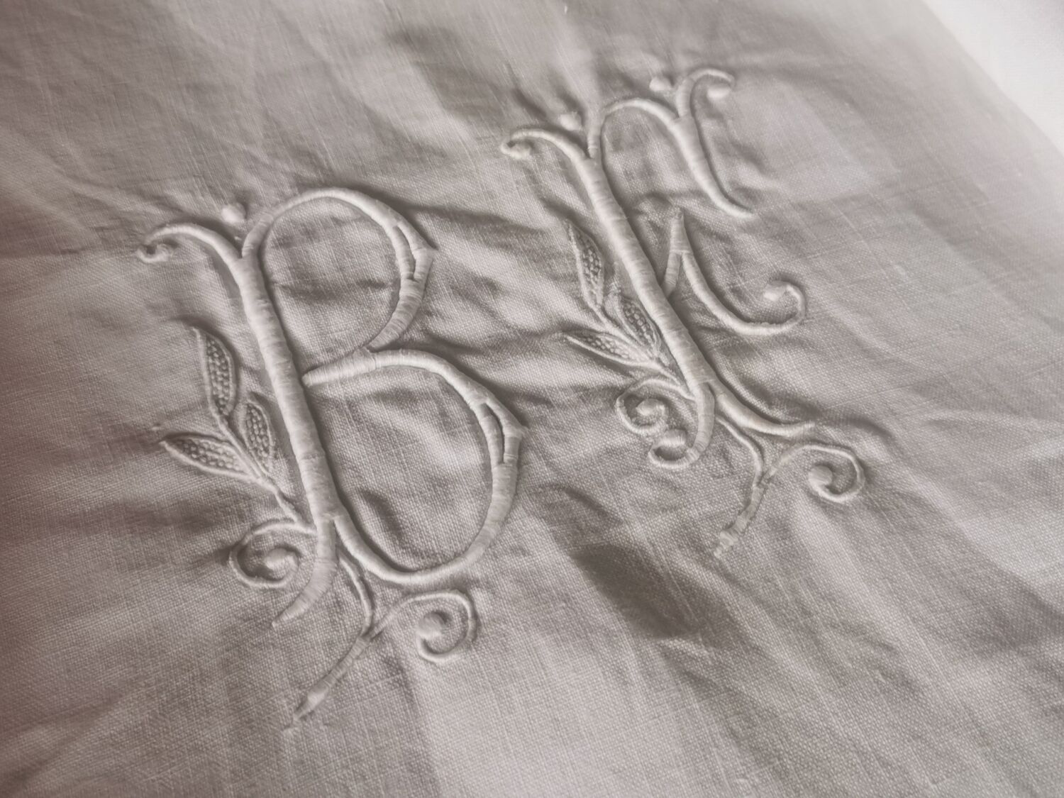 Old very large linen sheet monogrammed BF
