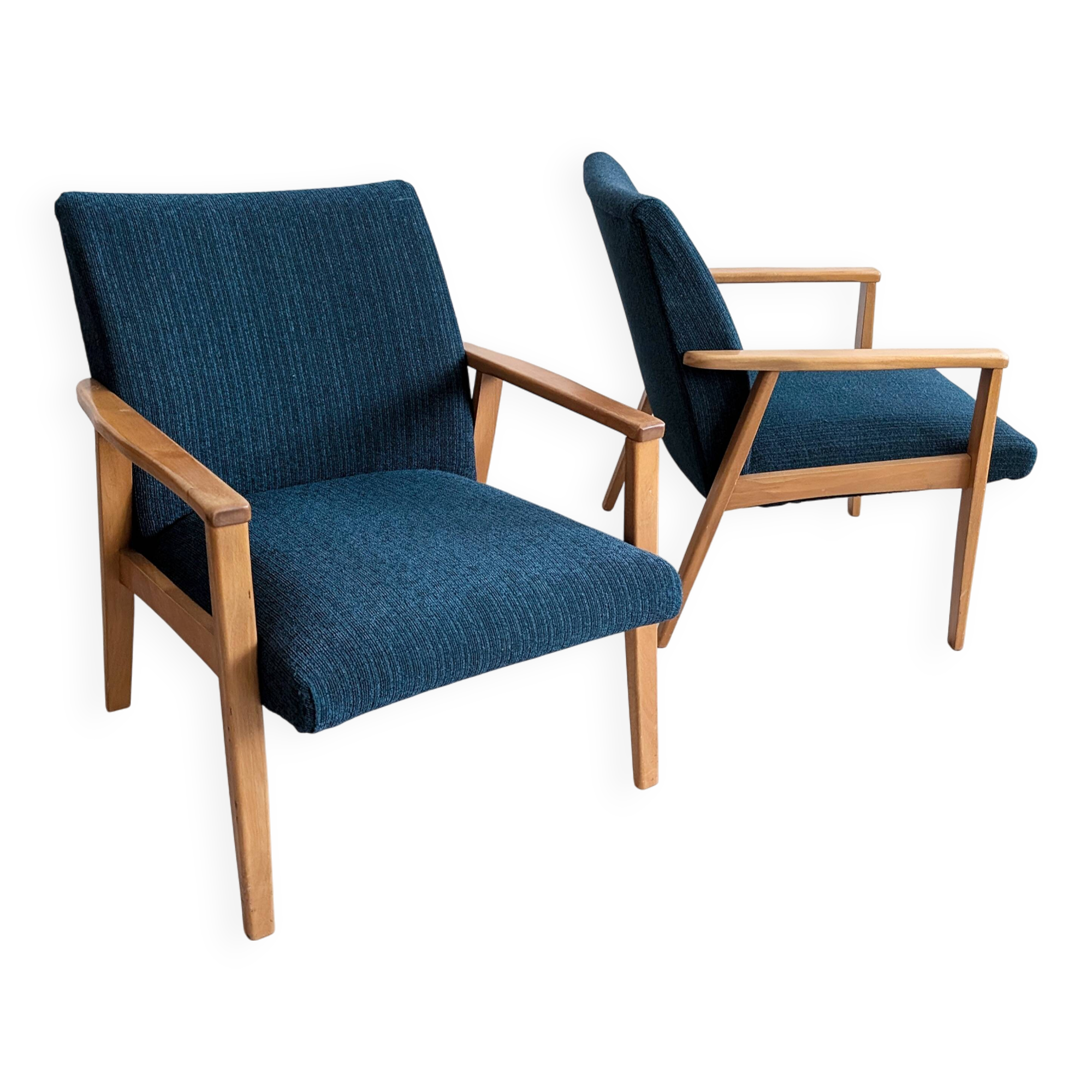 2 blue fabric armchairs, 1970s