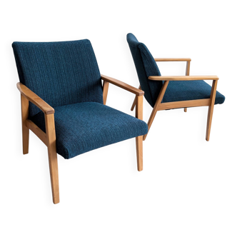 2 blue fabric armchairs, 1970s
