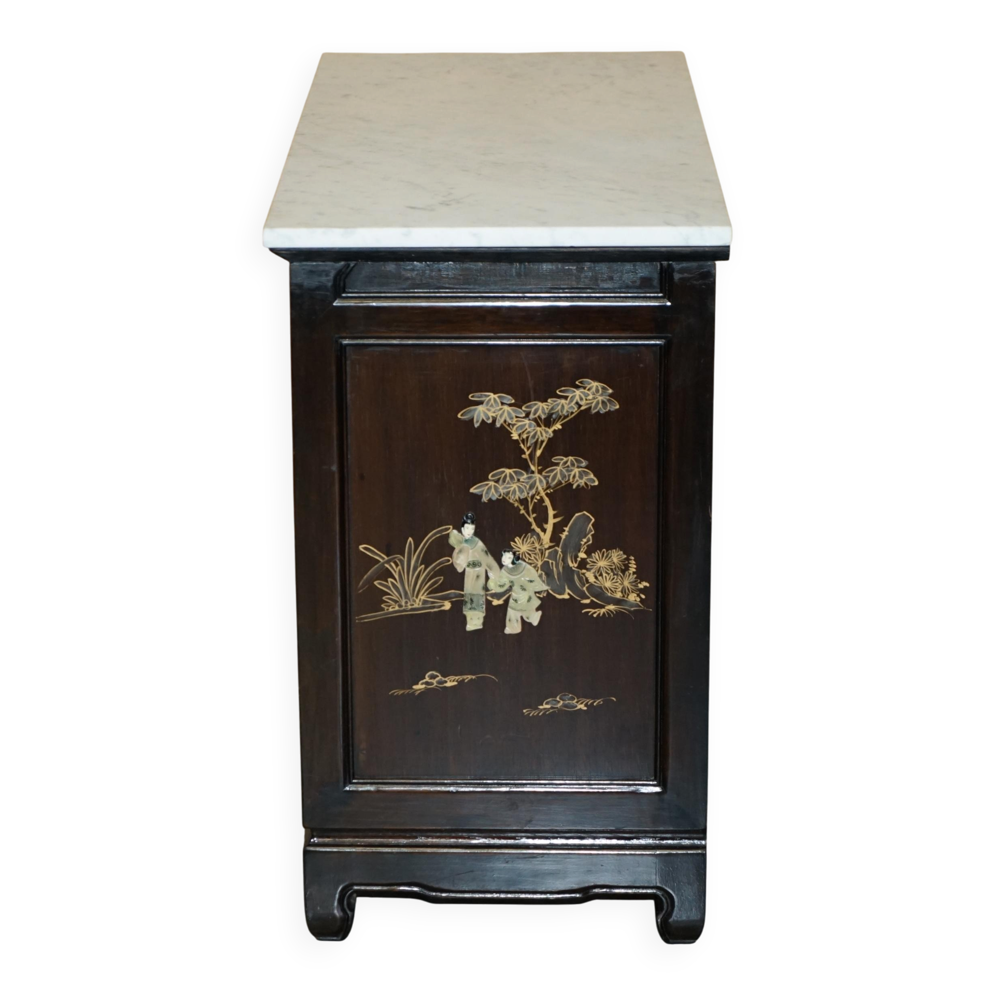 Antique Chinese commode carved in steatite with a marble top.