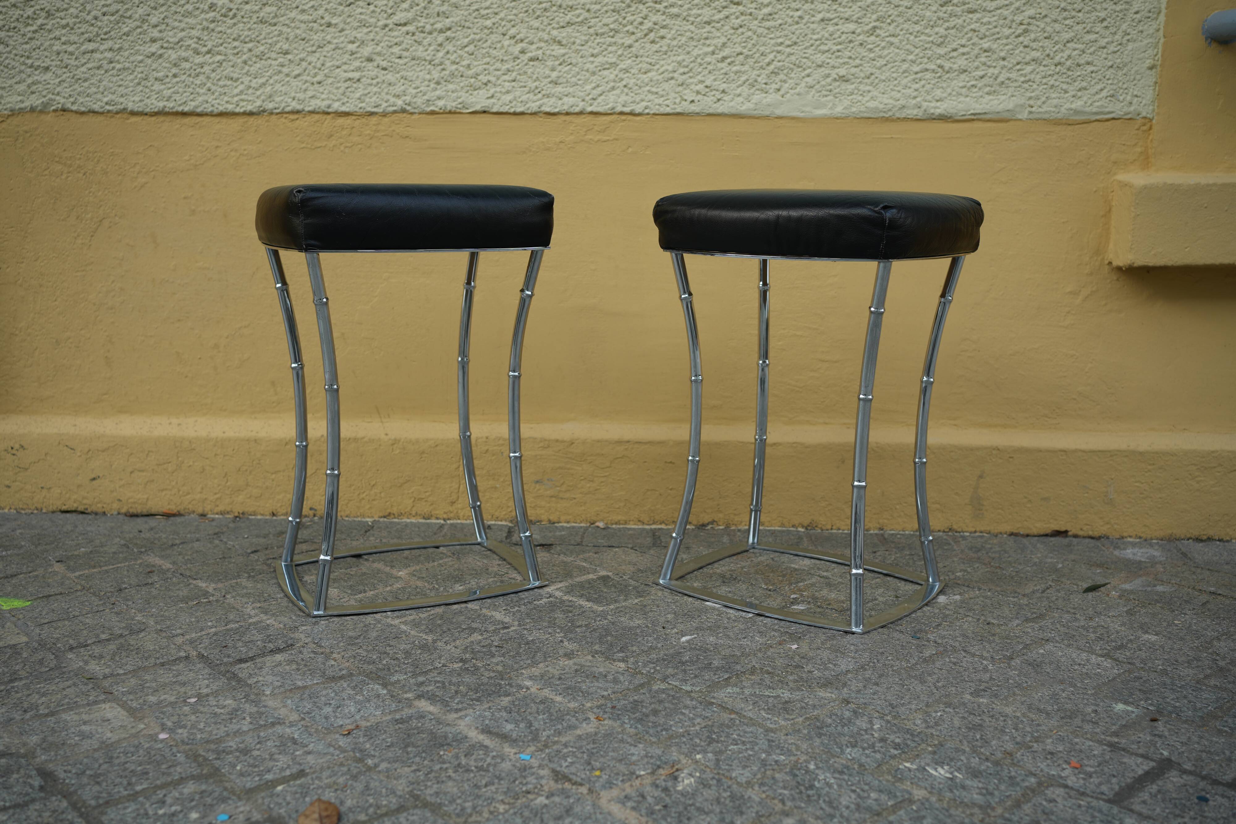 Pair of Bamboo Style Stools Attributed to Jacques Adnet: