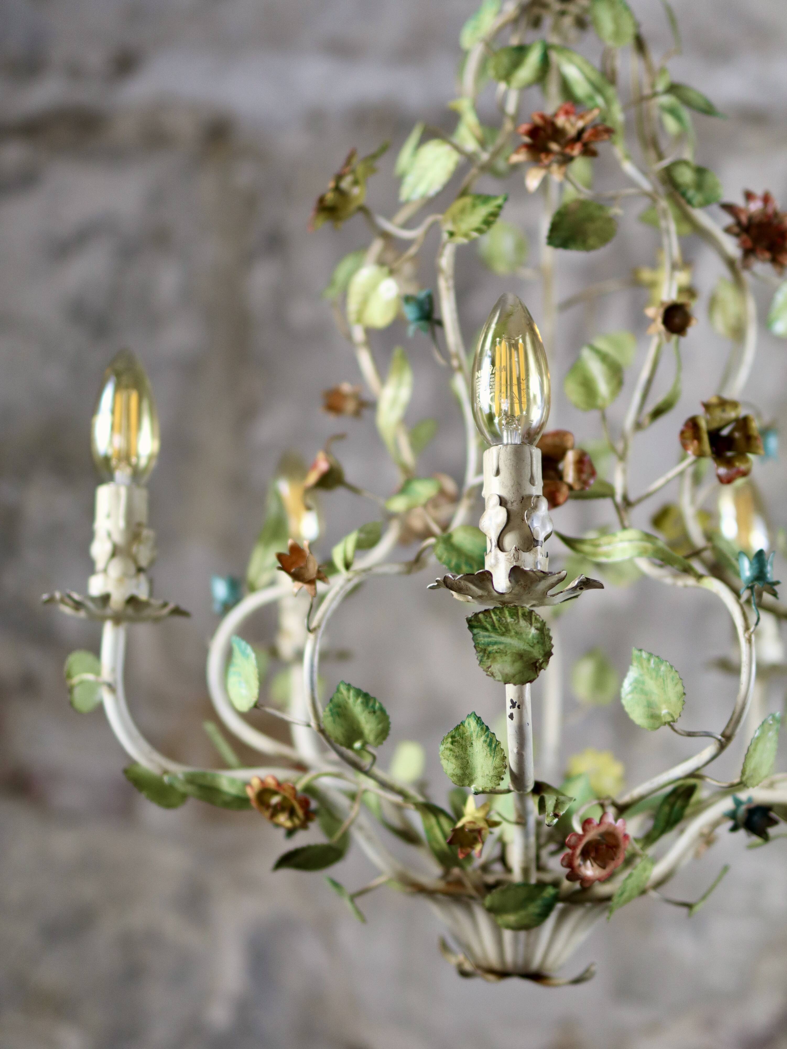 Large flower and leaf chandelier, hand-painted sheet metal, Italy, 1940s