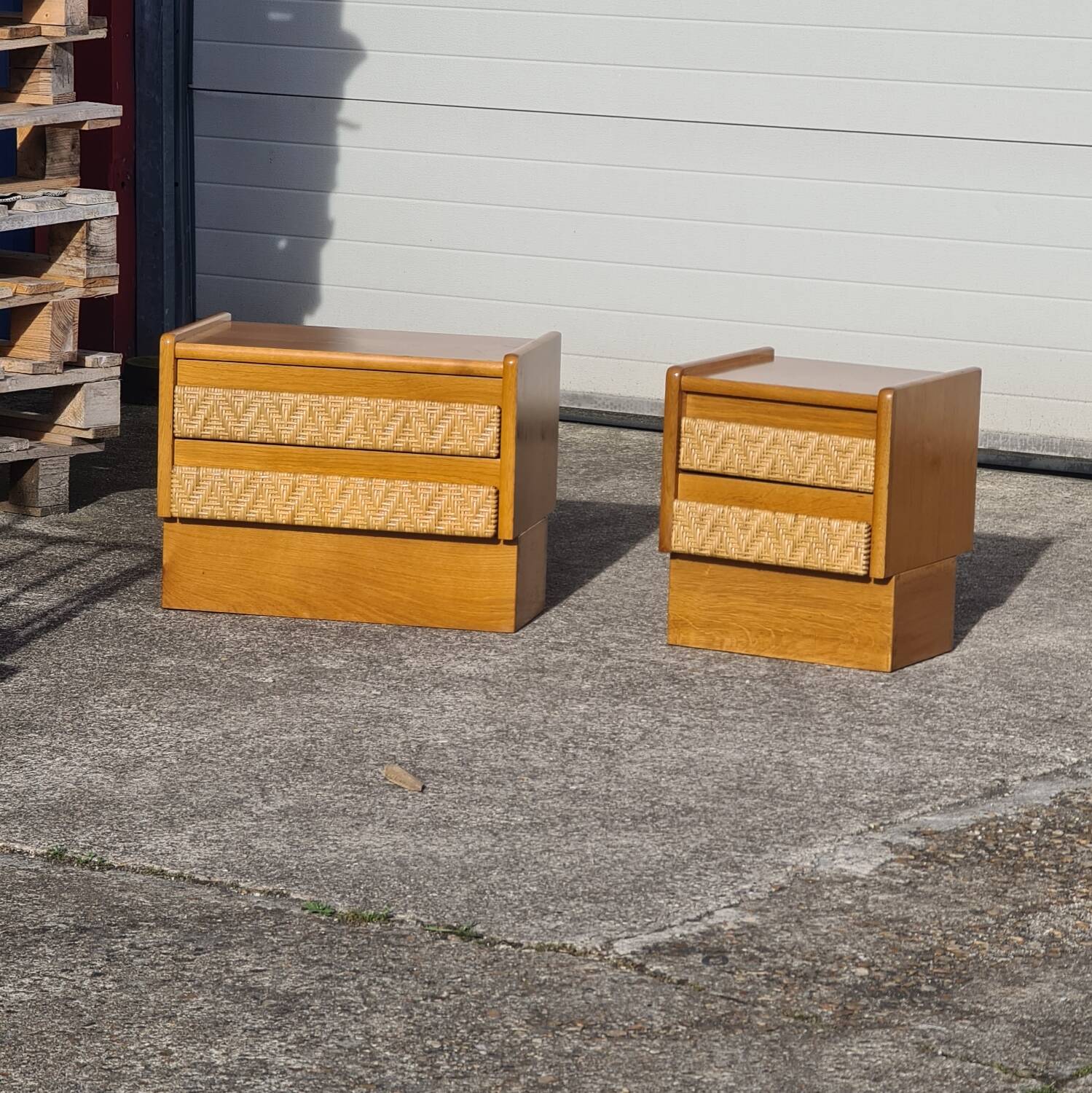 Pair of bedside tables, vintage rattan side furniture 1960