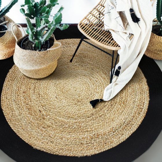 Jute carpet and round cotton black beige 160 cm