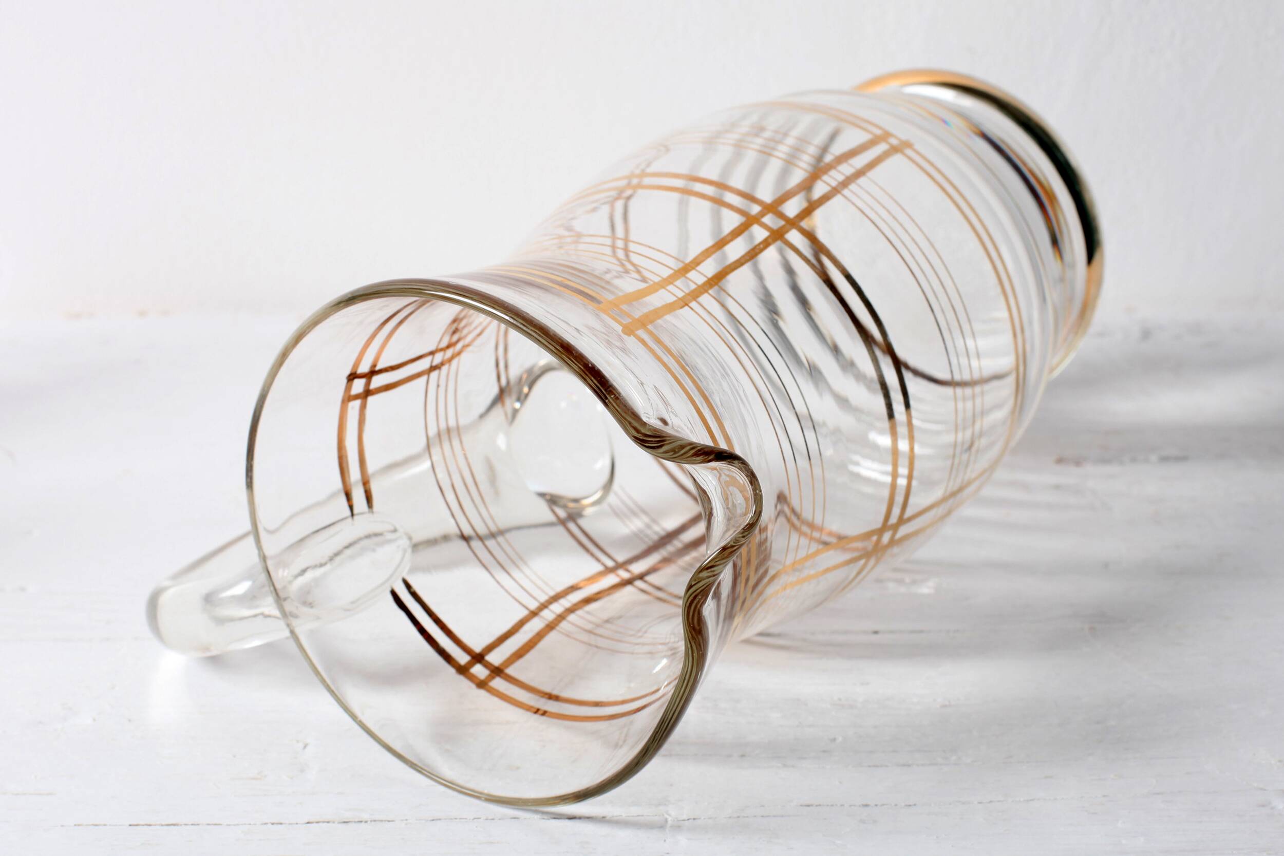 Mid-Century Italian Glass Pitcher & Six Glasses with Golden Details / Italy