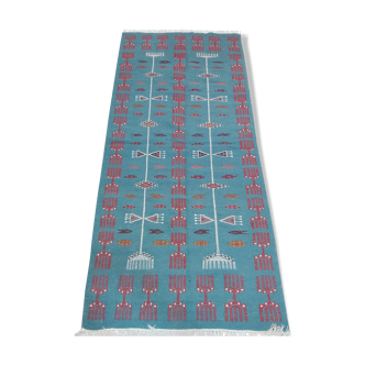 Tapis bleu fait main en pure laine 95x215cm